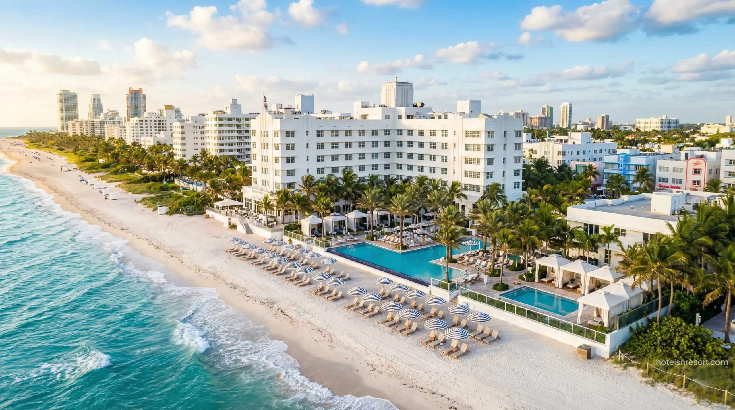 Aerial view of a luxury beach hotel in USA with oceanfront pool.