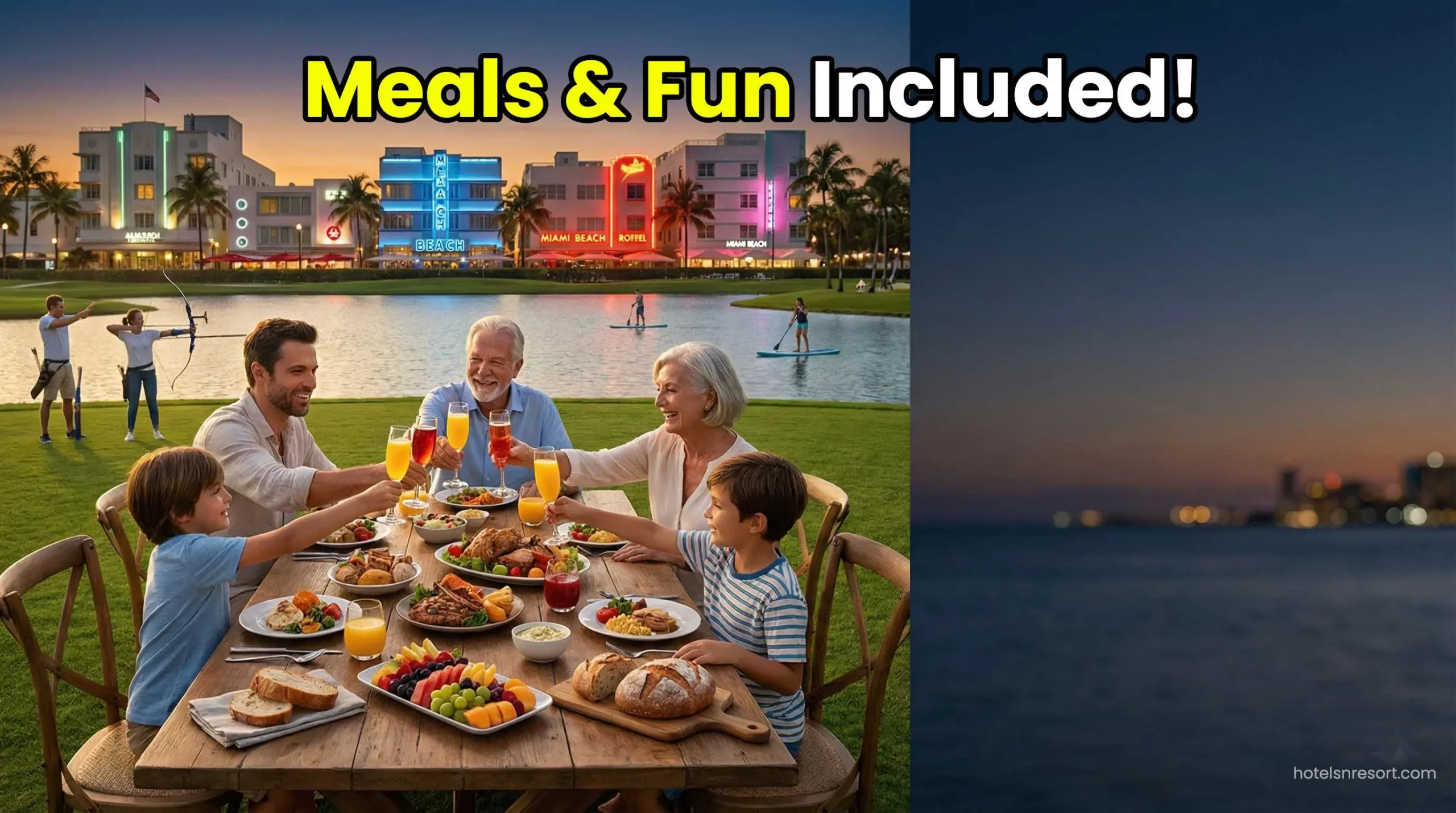 Family dining together at an all-inclusive resort in USA.