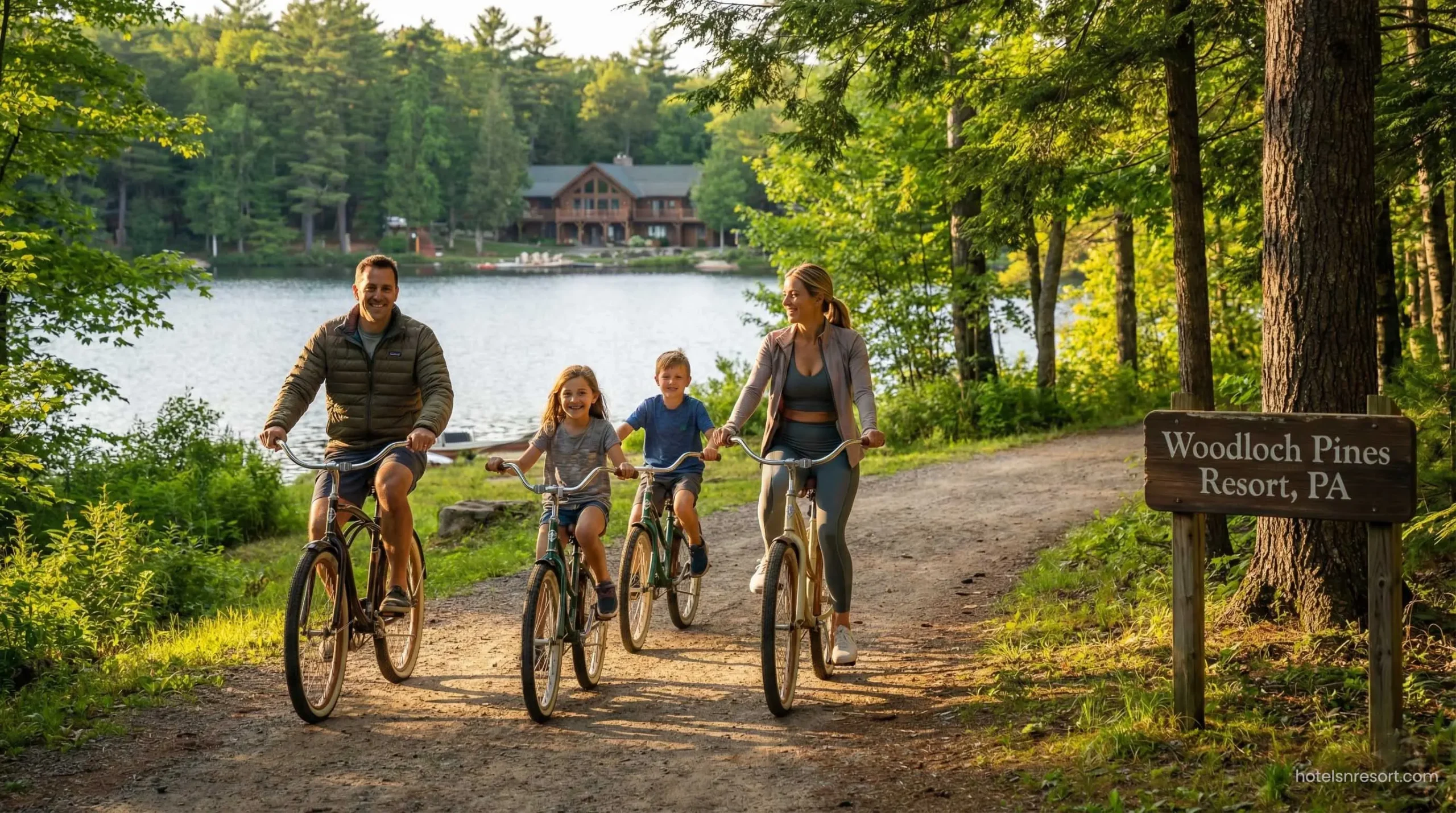 Family biking at an all-inclusive resort in USA.