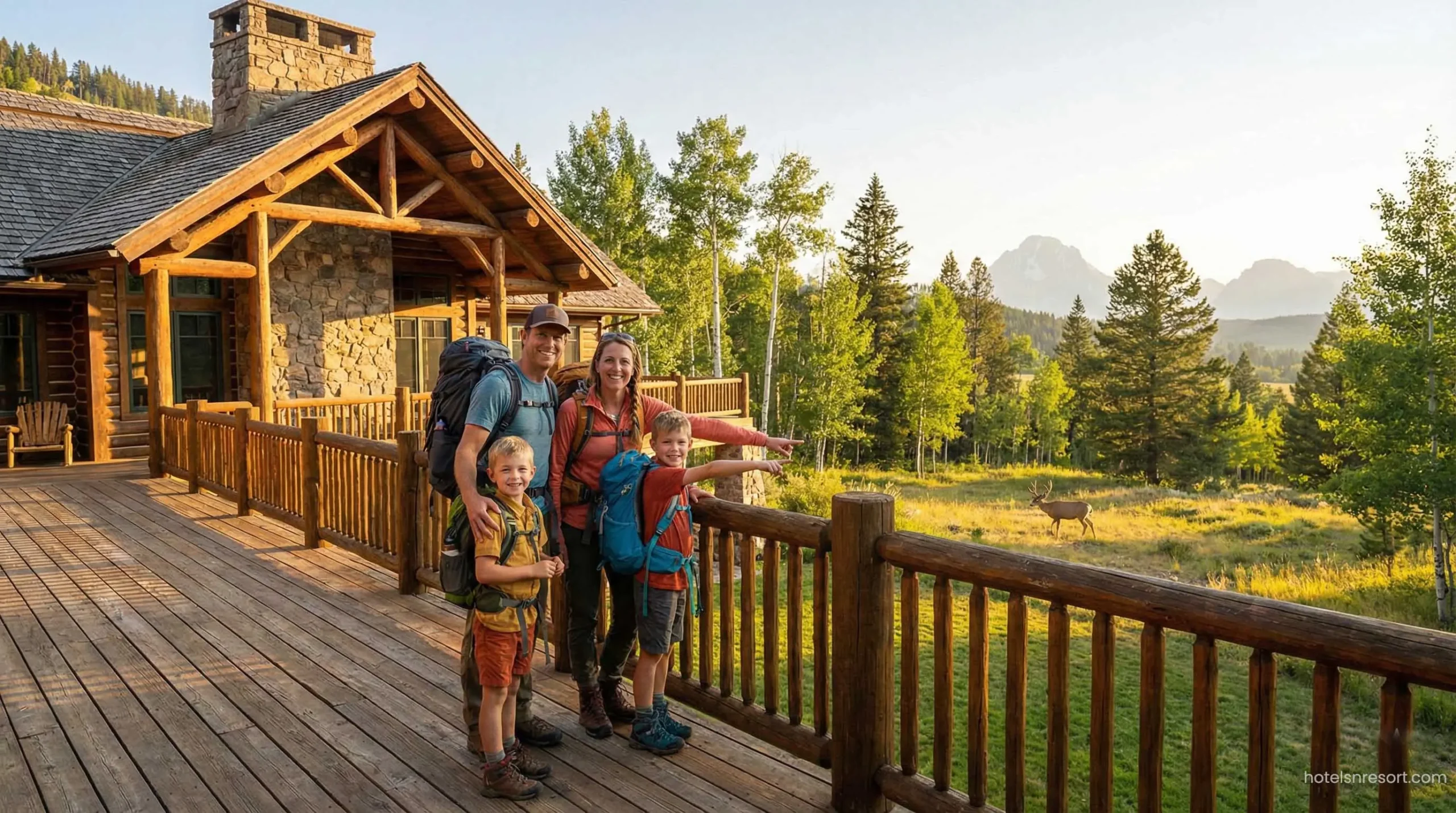 Family standing in front of kid-friendly National Park hotel.