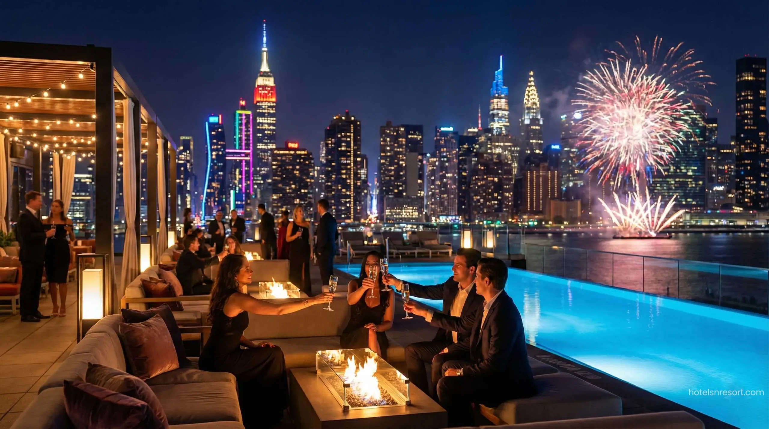 People celebrating New Year's Eve 2026 at a luxury hotel rooftop in USA.