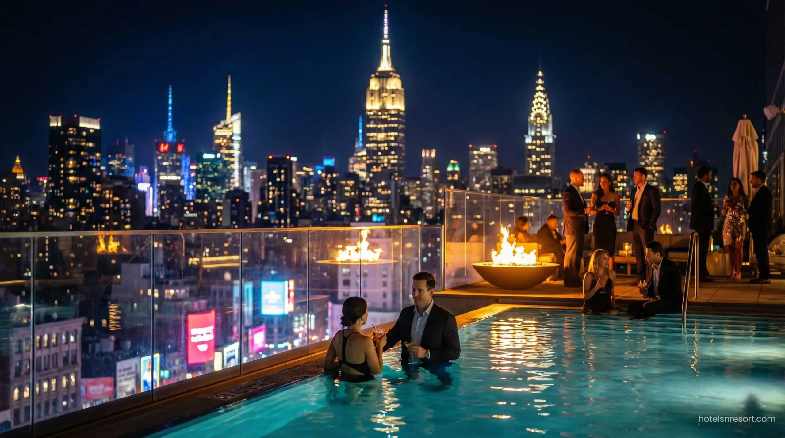 Luxury hotel rooftop pool with city skyline view.