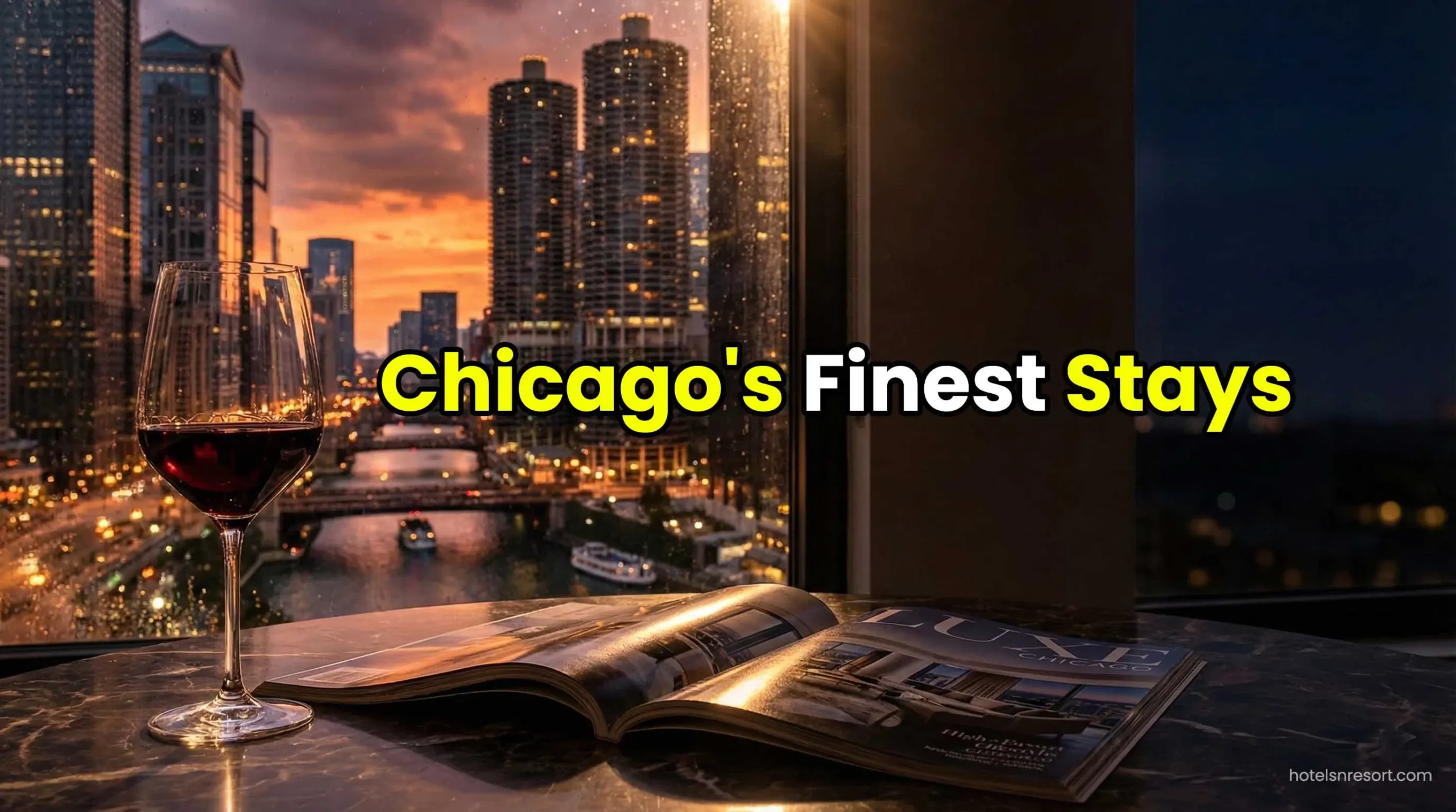 Luxury hotel room interior with view of Chicago river and skyline.