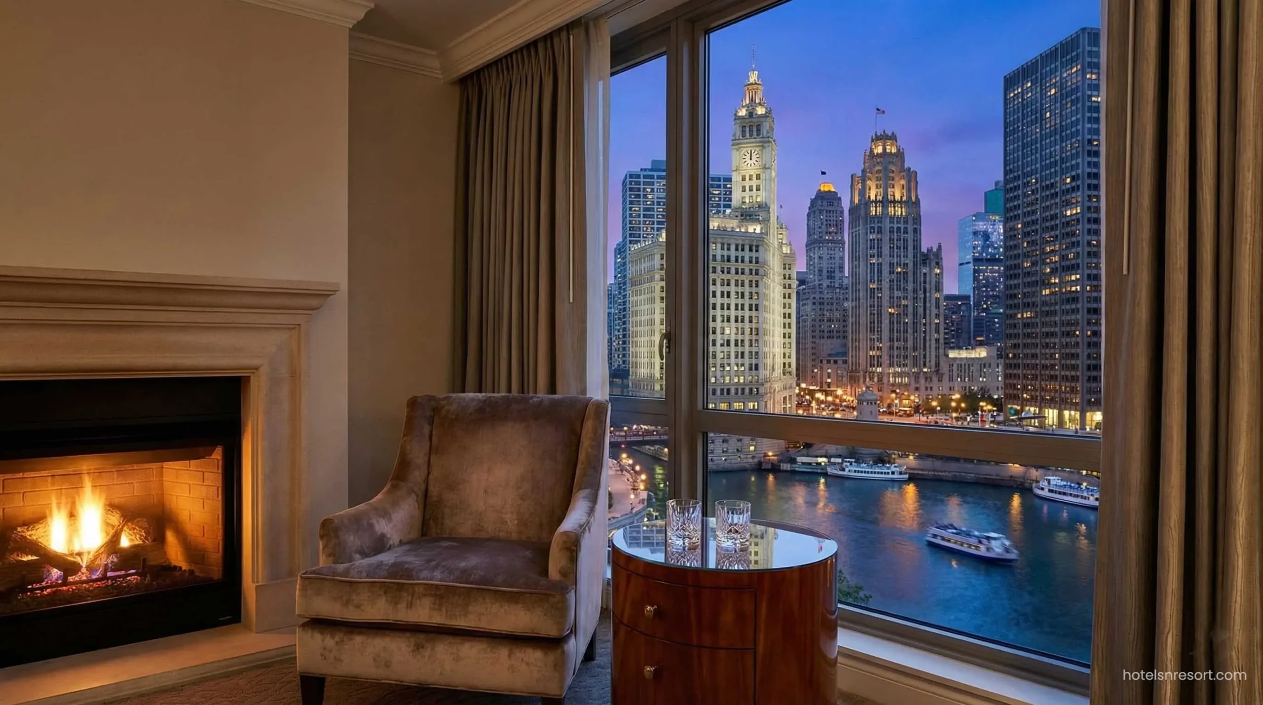 Luxury hotel room with Chicago River view.