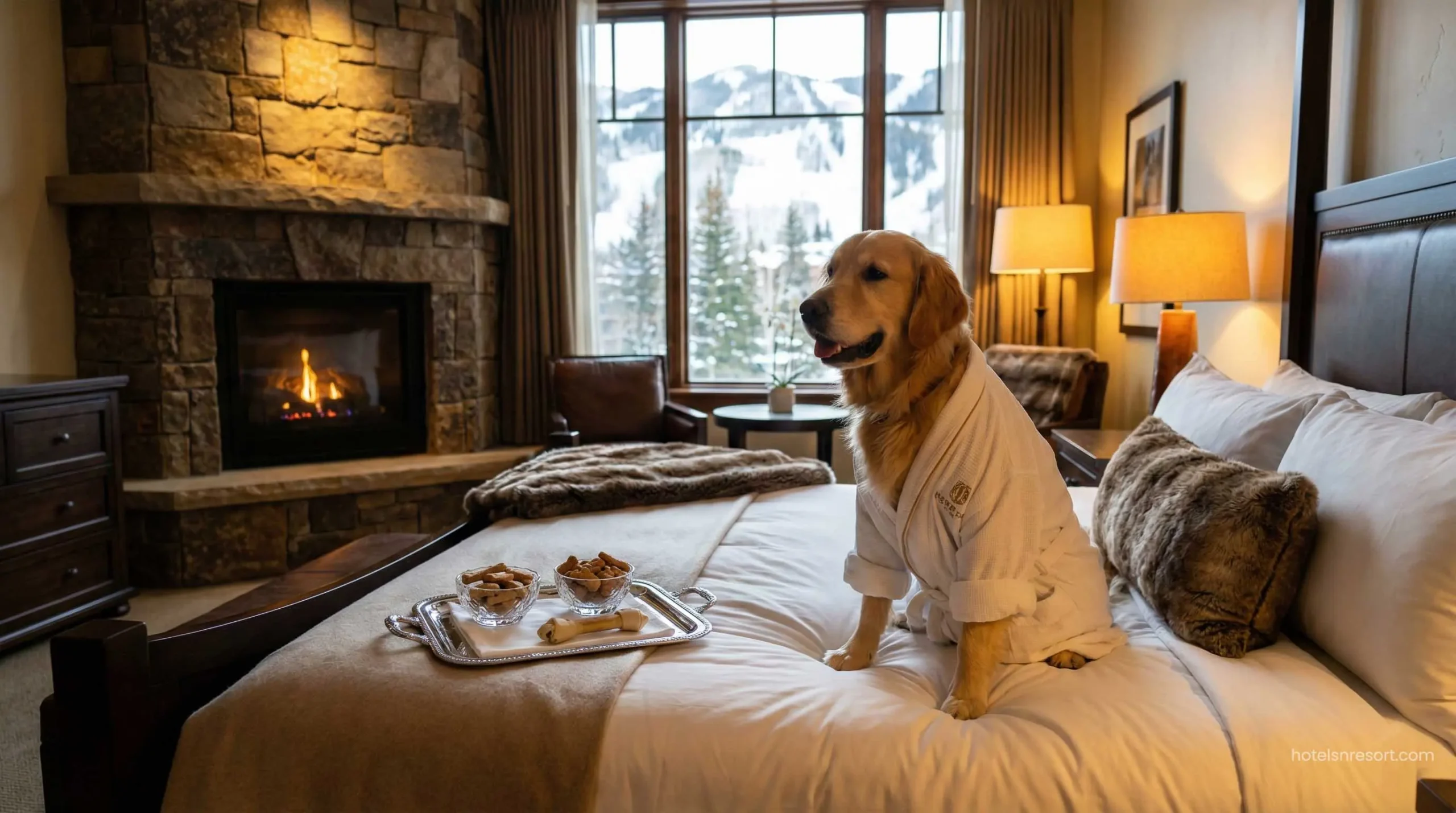 Luxury pet-friendly hotel room with dog on bed.