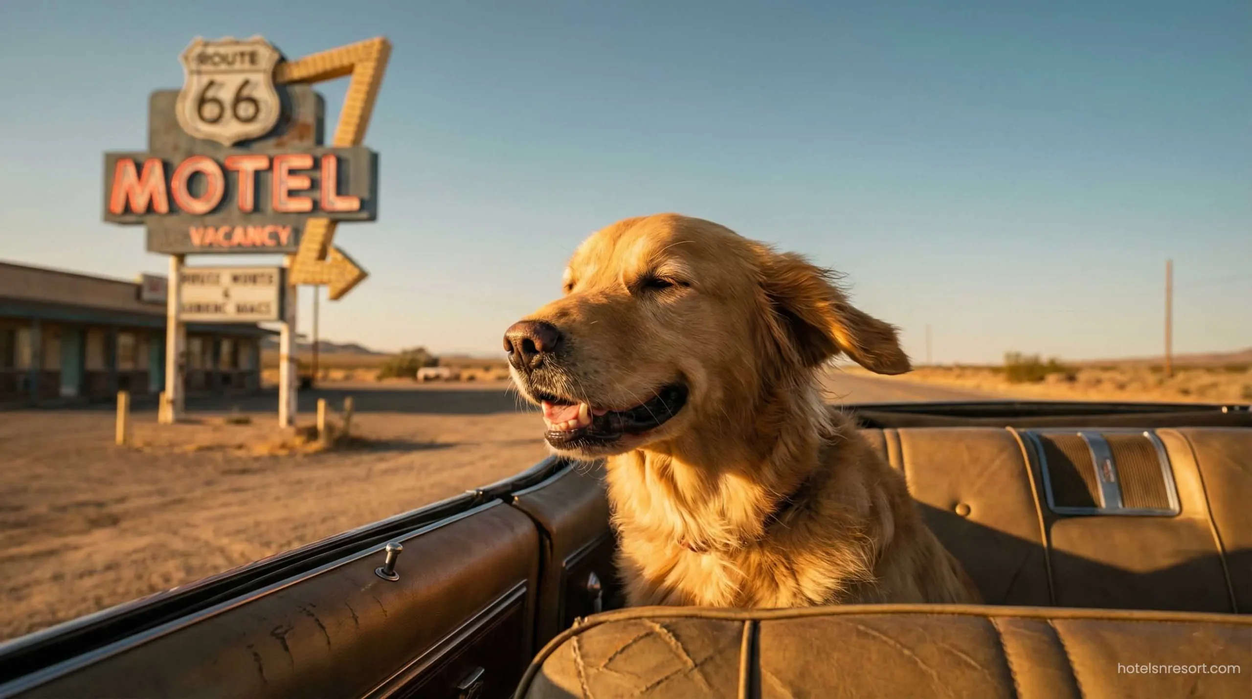 Happy dog on a road trip looking out car window.