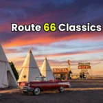 Wigwam motel at sunset on Route 66 with vintage car.