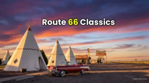 Wigwam motel at sunset on Route 66 with vintage car.