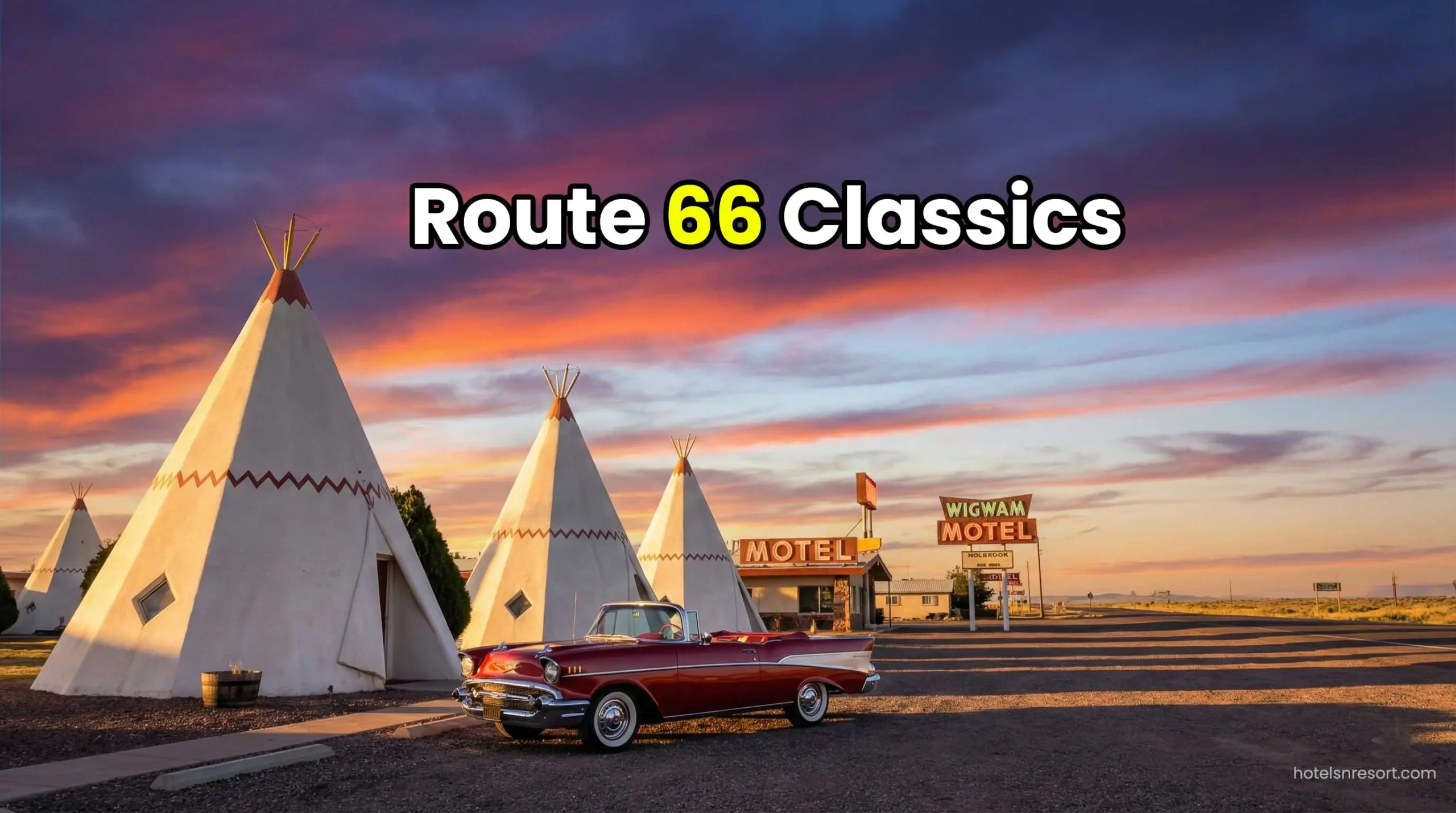 Wigwam motel at sunset on Route 66 with vintage car.