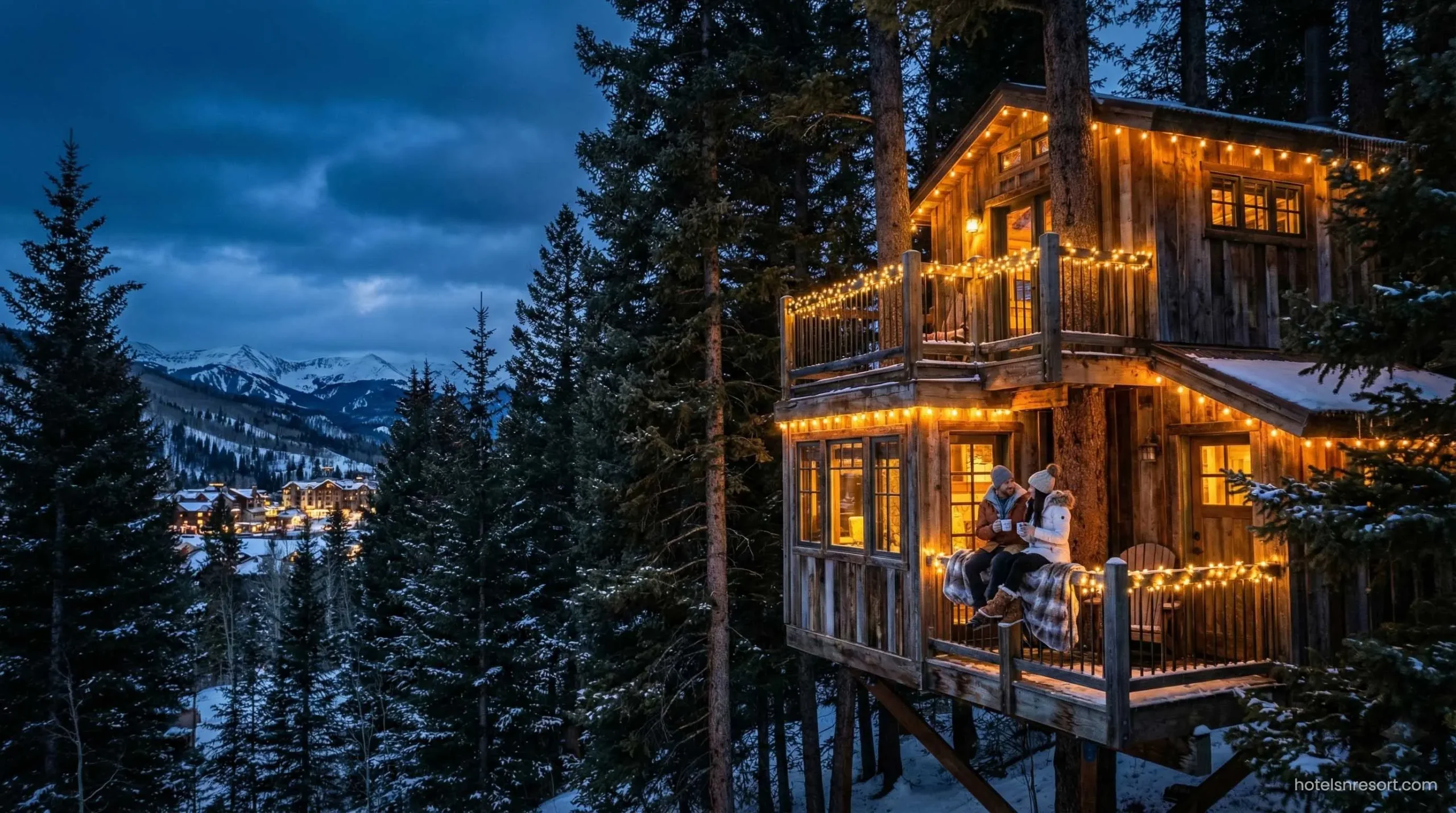 Luxury treehouse rental in USA forest with lights.