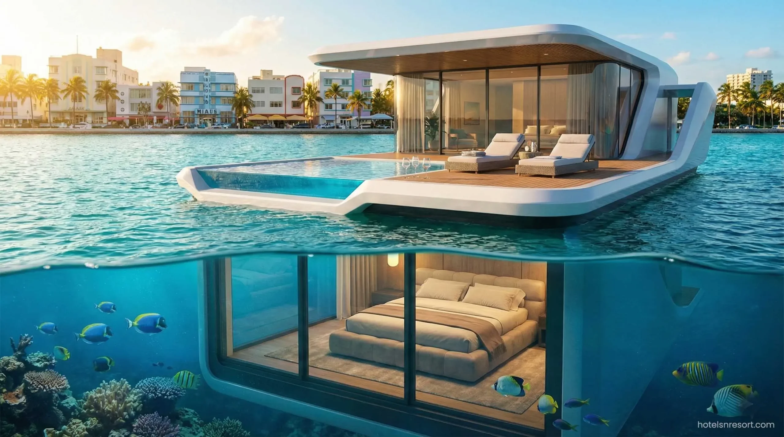 Underwater and floating luxury hotel room view USA.
