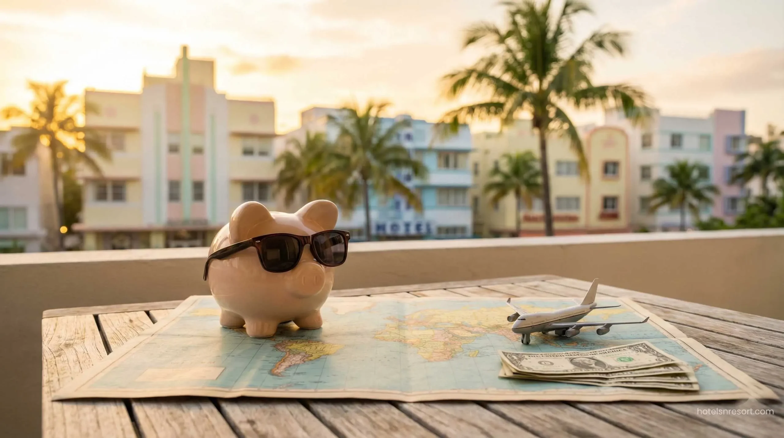 Piggy bank and travel gear for family budget tips.