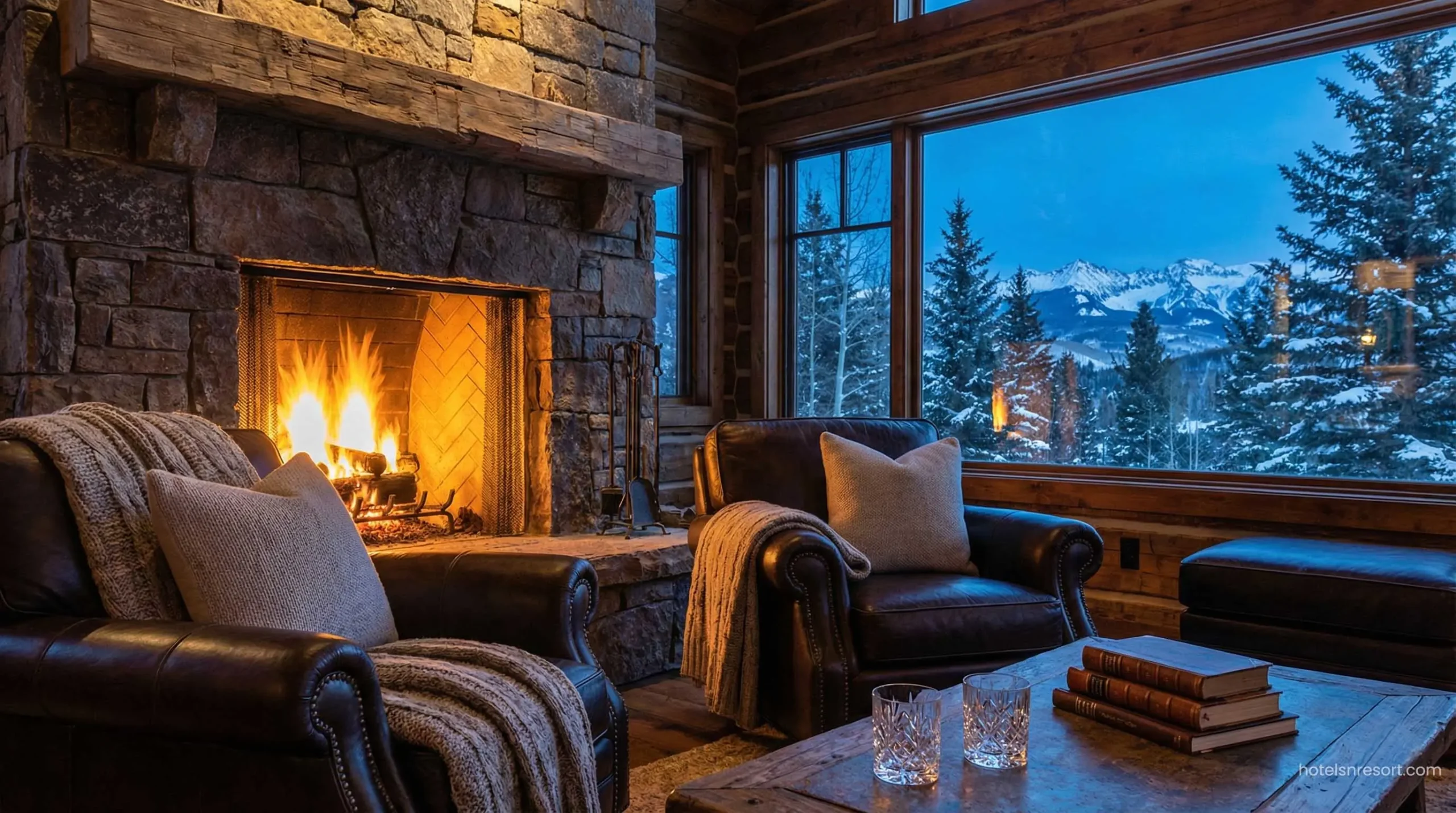 Romantic cabin interior with fireplace.