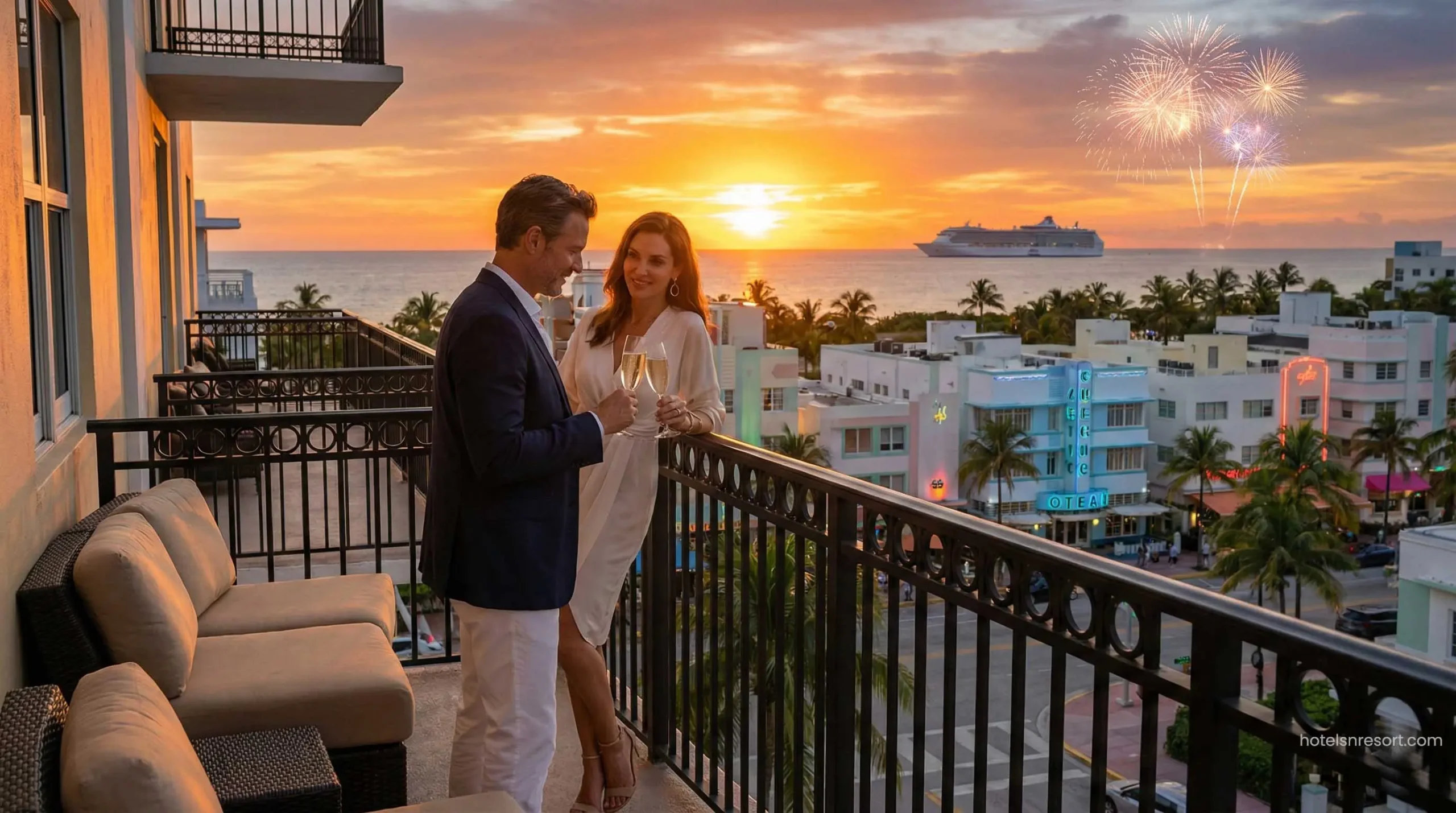 Couple celebrating New Year's Eve on a Miami hotel balcony.