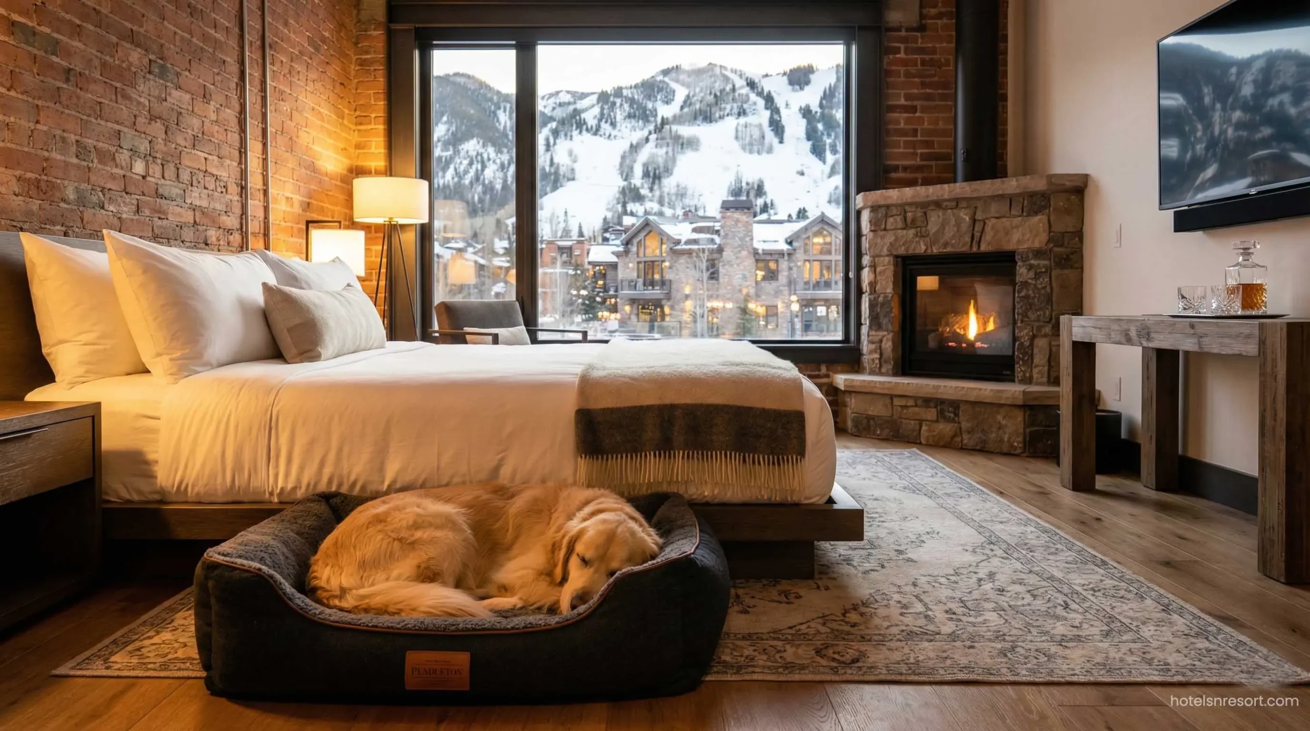 Luxury dog bed in pet friendly hotel room.
