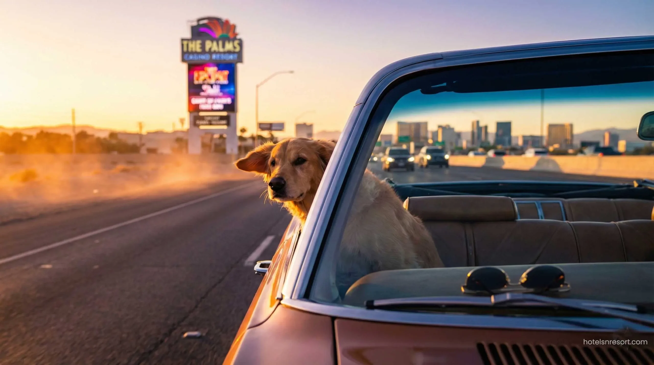 Dog looking out car window on a road trip to a hotel.