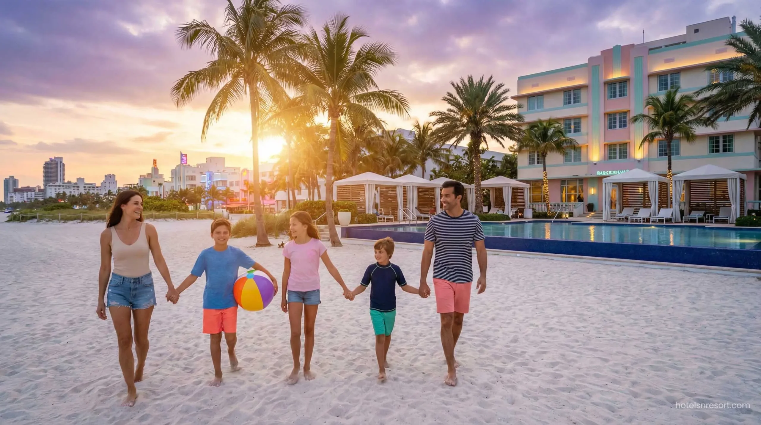 Family walking on beach in front of kid-friendly resort.