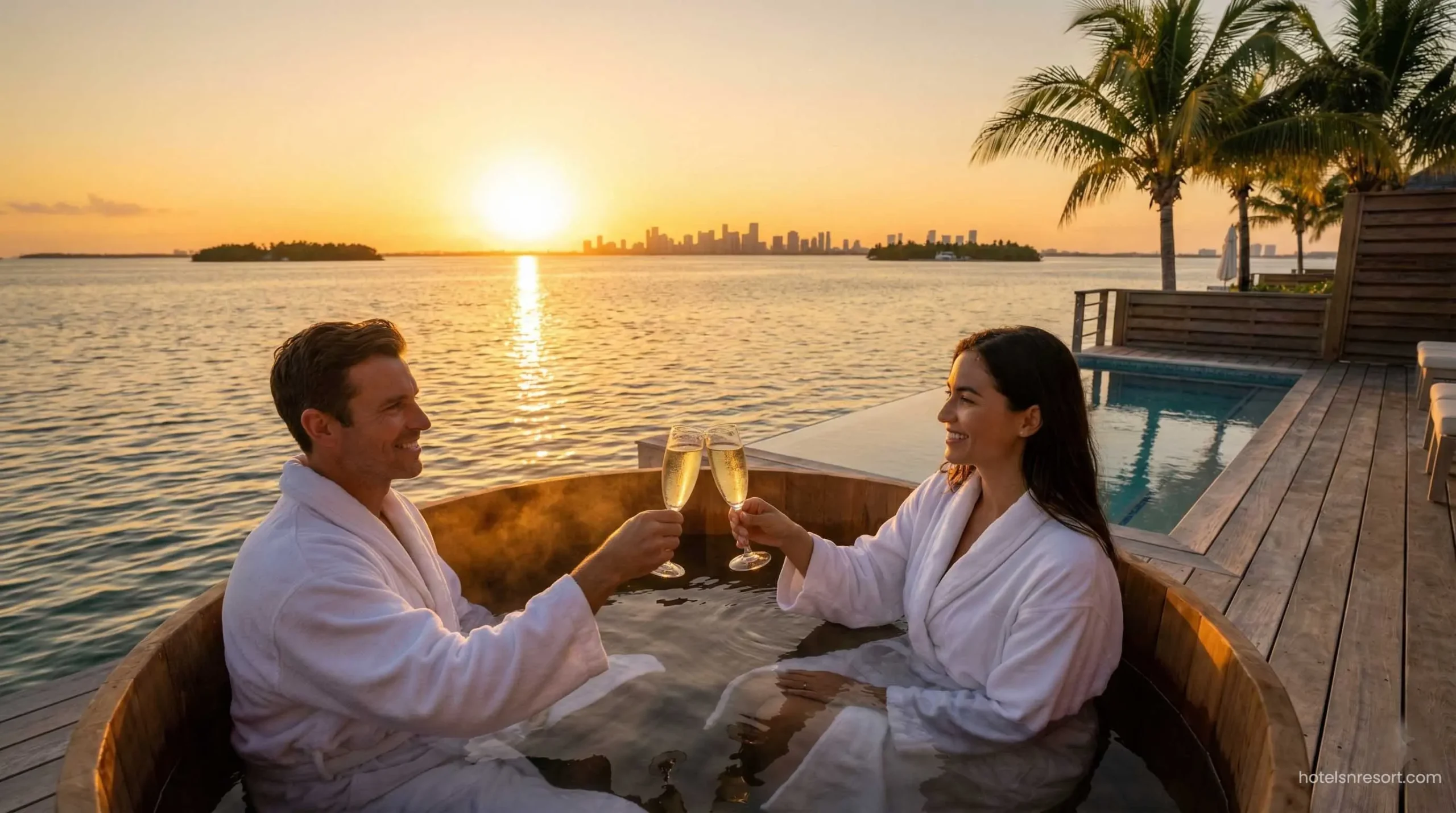 Romantic floating bungalow deck with sunset view.