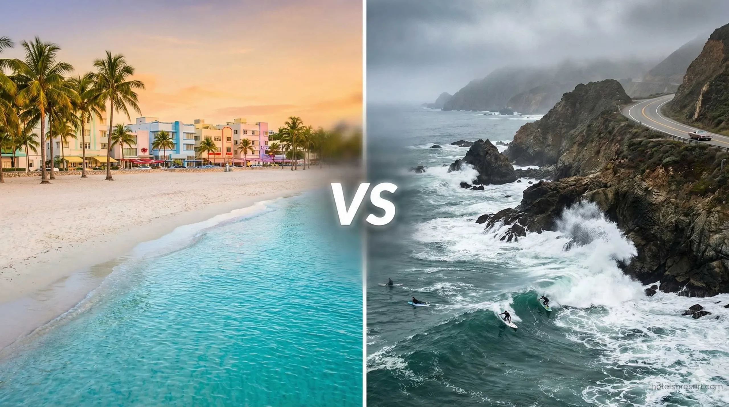 Comparison of Florida white sand beach vs California rugged coast.