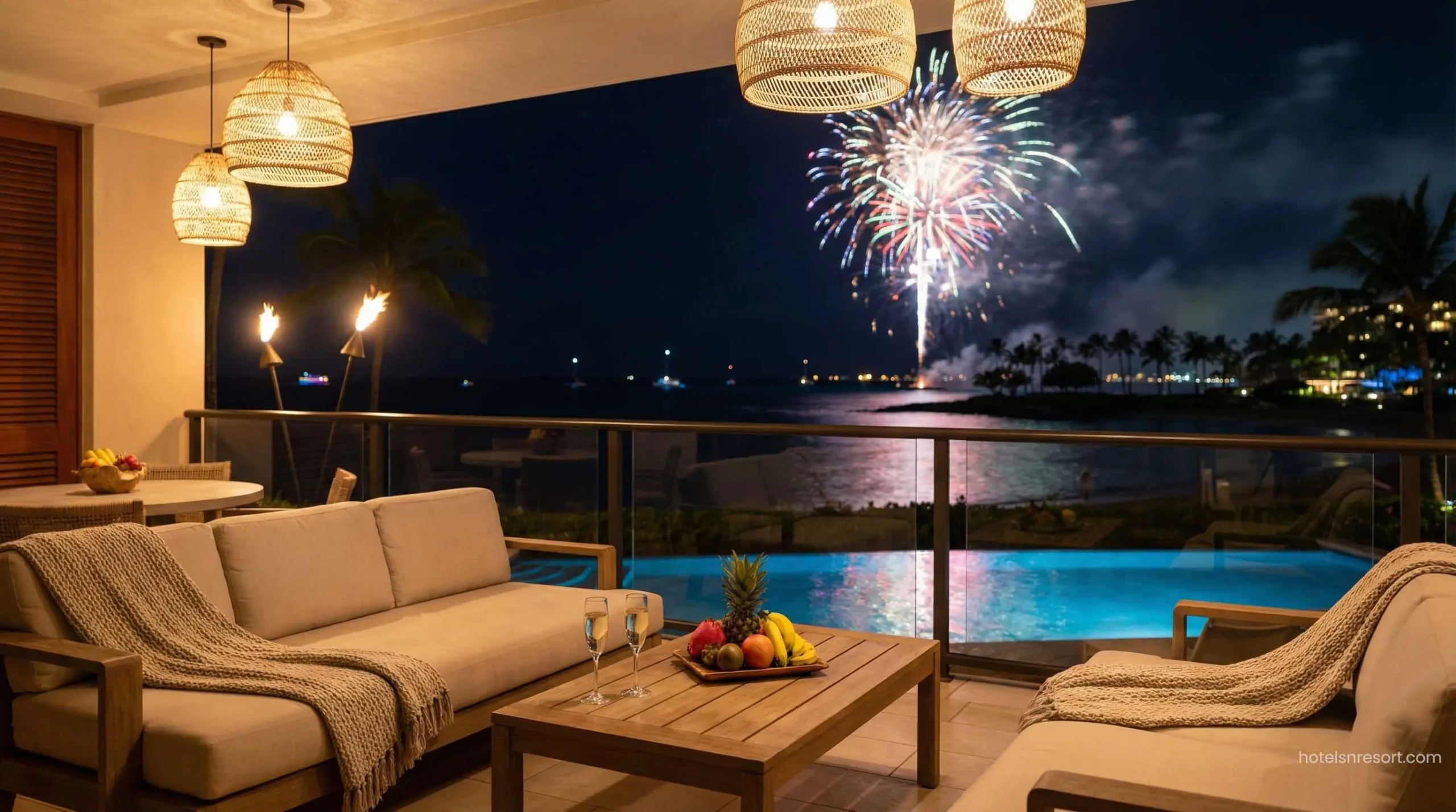 Halekulani hotel Waikiki fireworks view New Year's Eve.