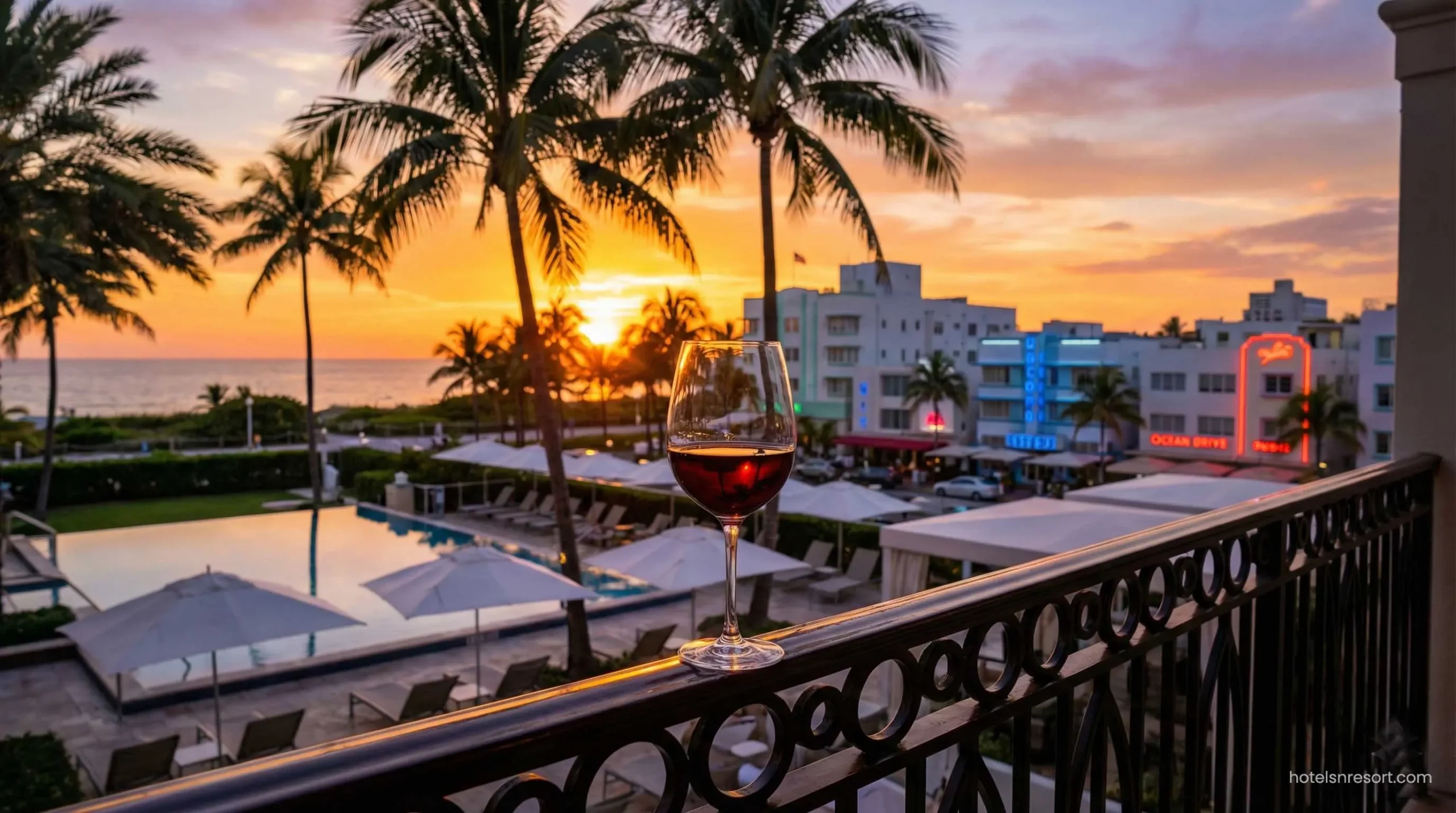 Luxury hotel balcony with ocean view at sunset.