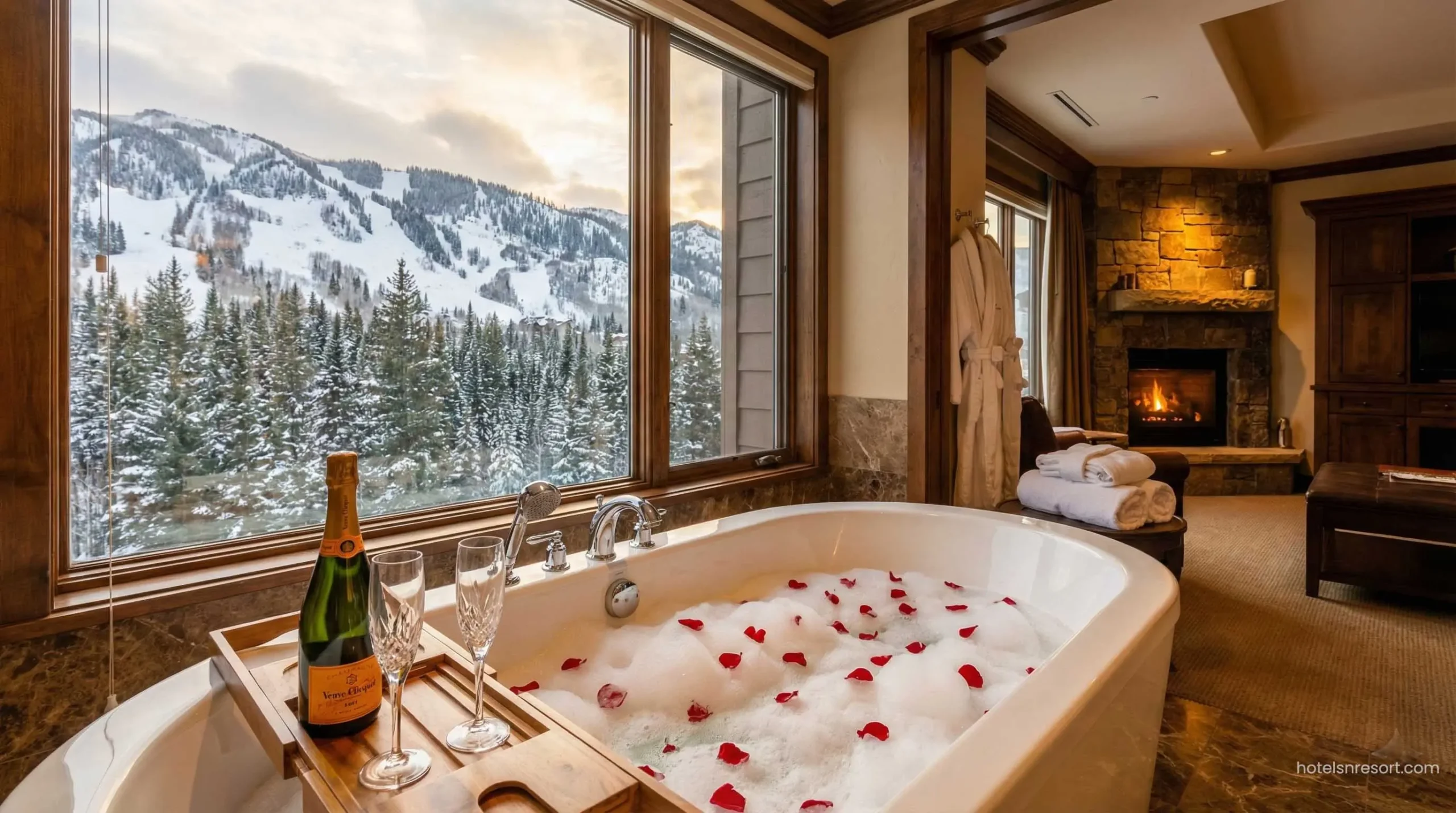 Luxury honeymoon suite with private in-room Jacuzzi and champagne.