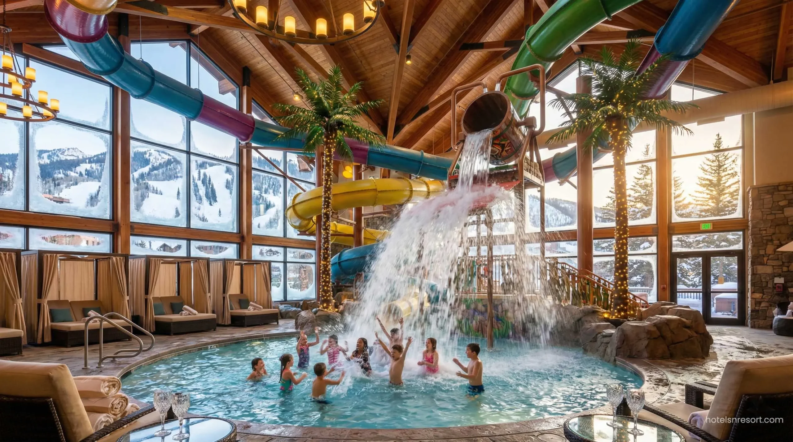 Best indoor water park hotel in USA with slides and pools.