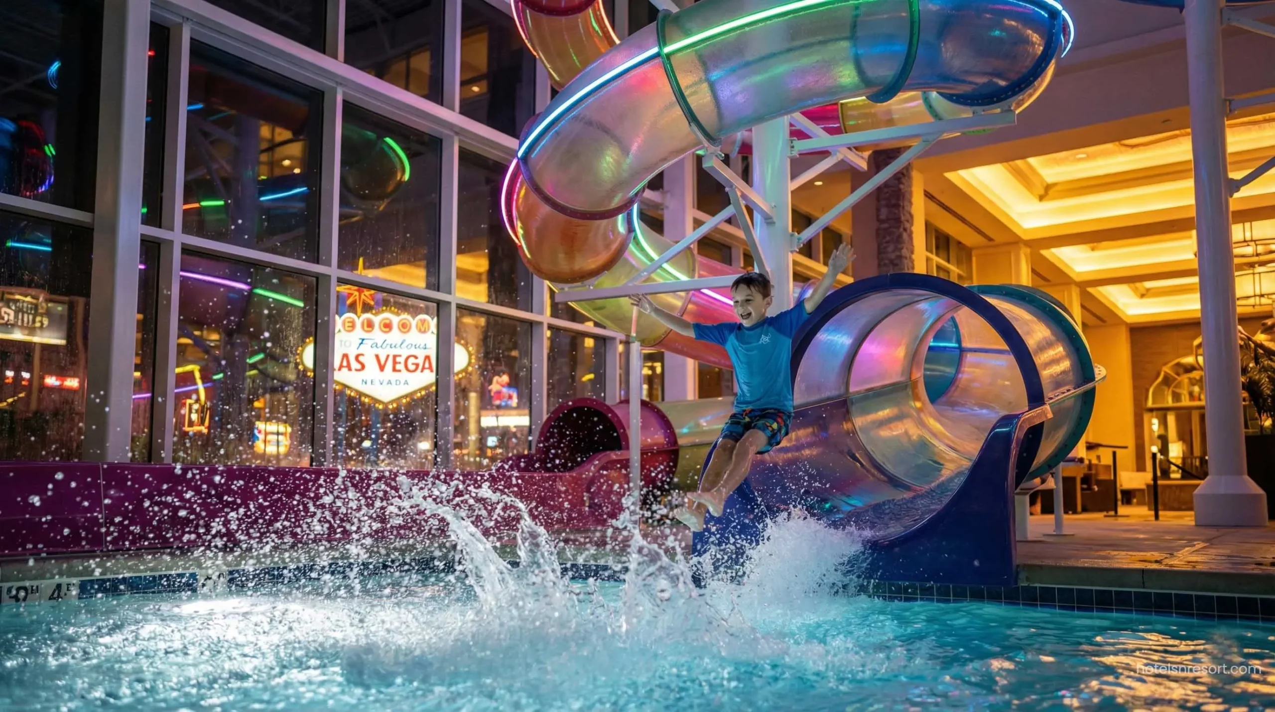 Child enjoying indoor water slide at a family resort.