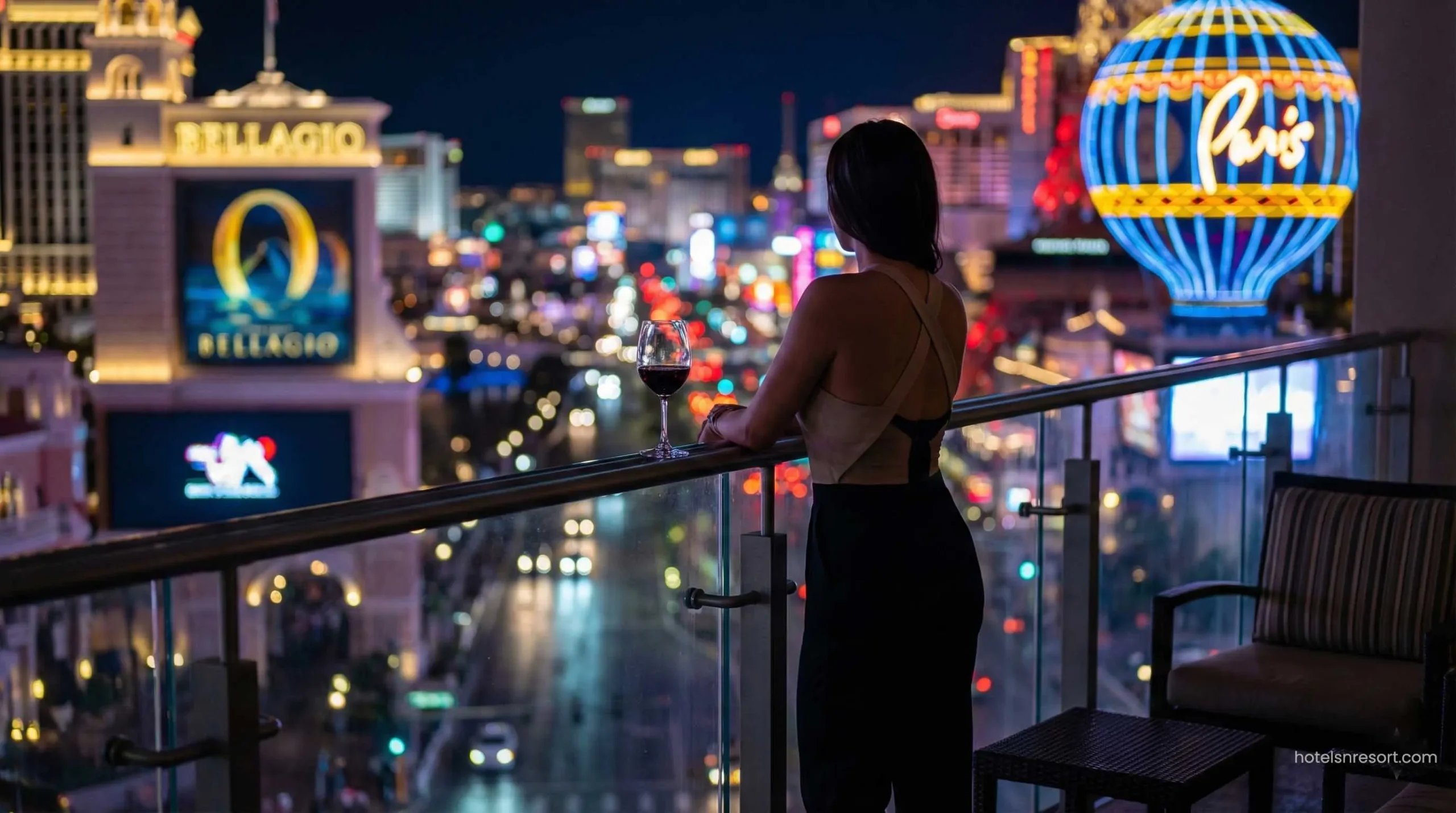Woman enjoying view from Las Vegas hotel balcony at night.
