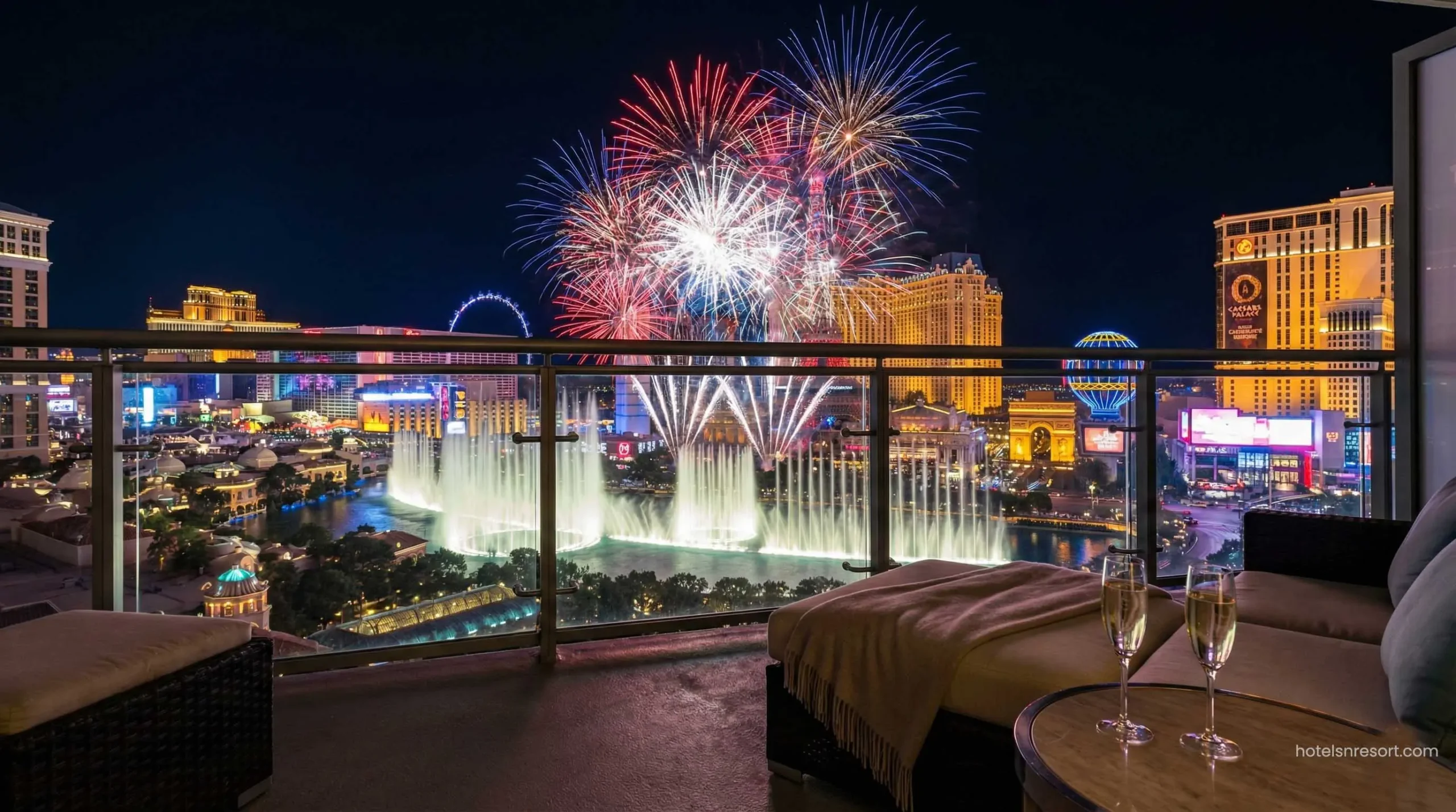 Bellagio hotel fountain view room during New Year's Eve fireworks Las Vegas.