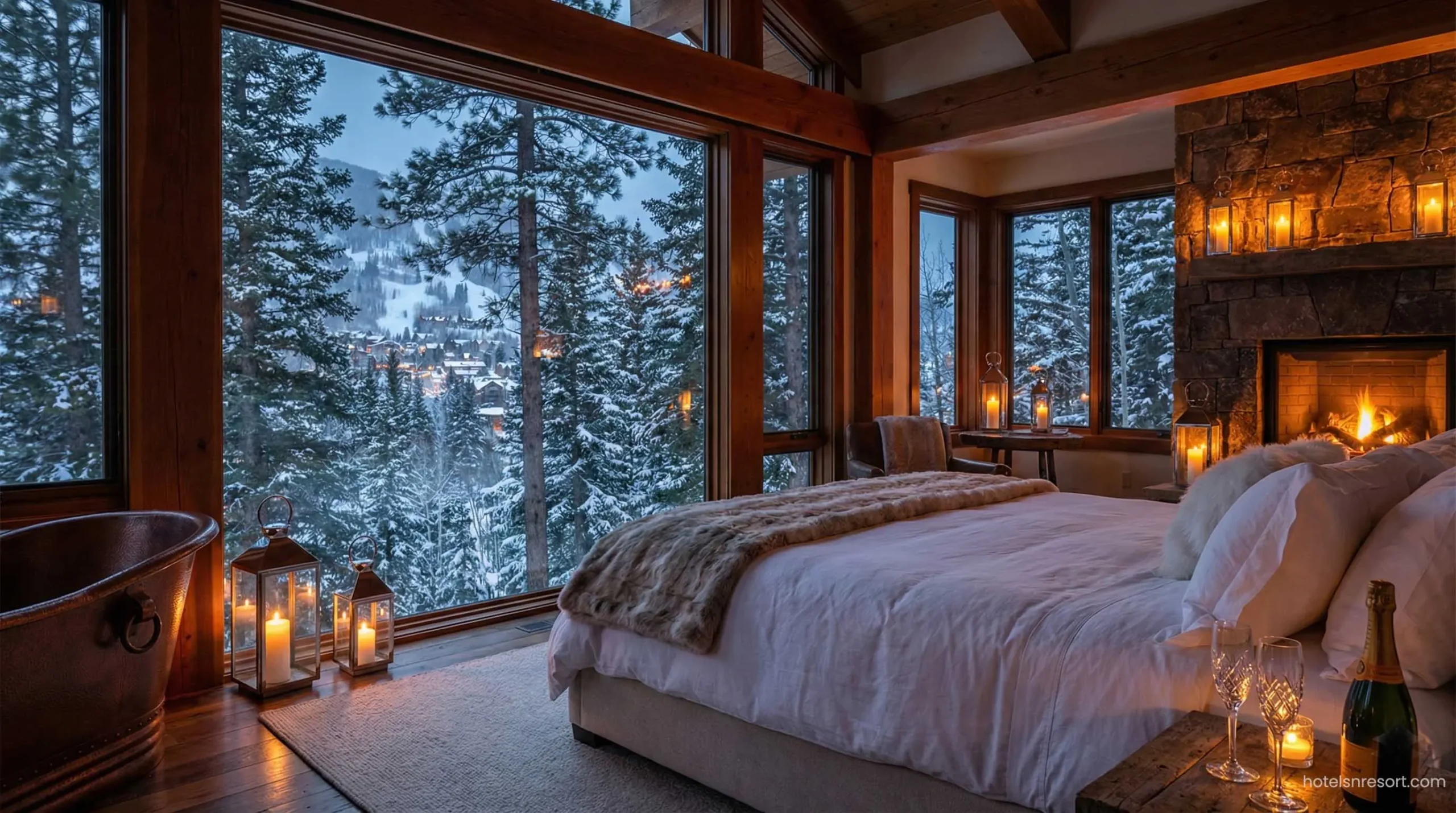 Interior of romantic luxury treehouse rental.