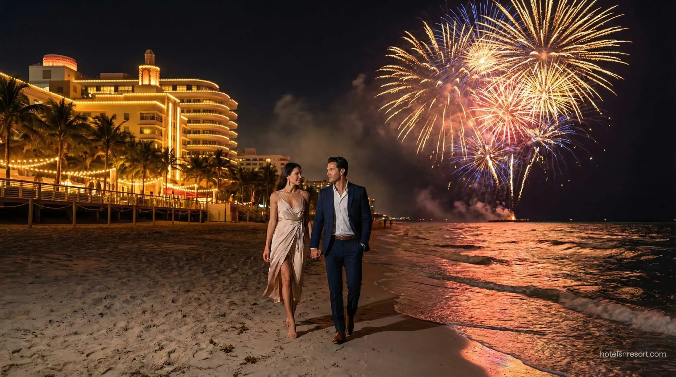 Luxury Miami beach resort fireworks New Year's Eve 2026.