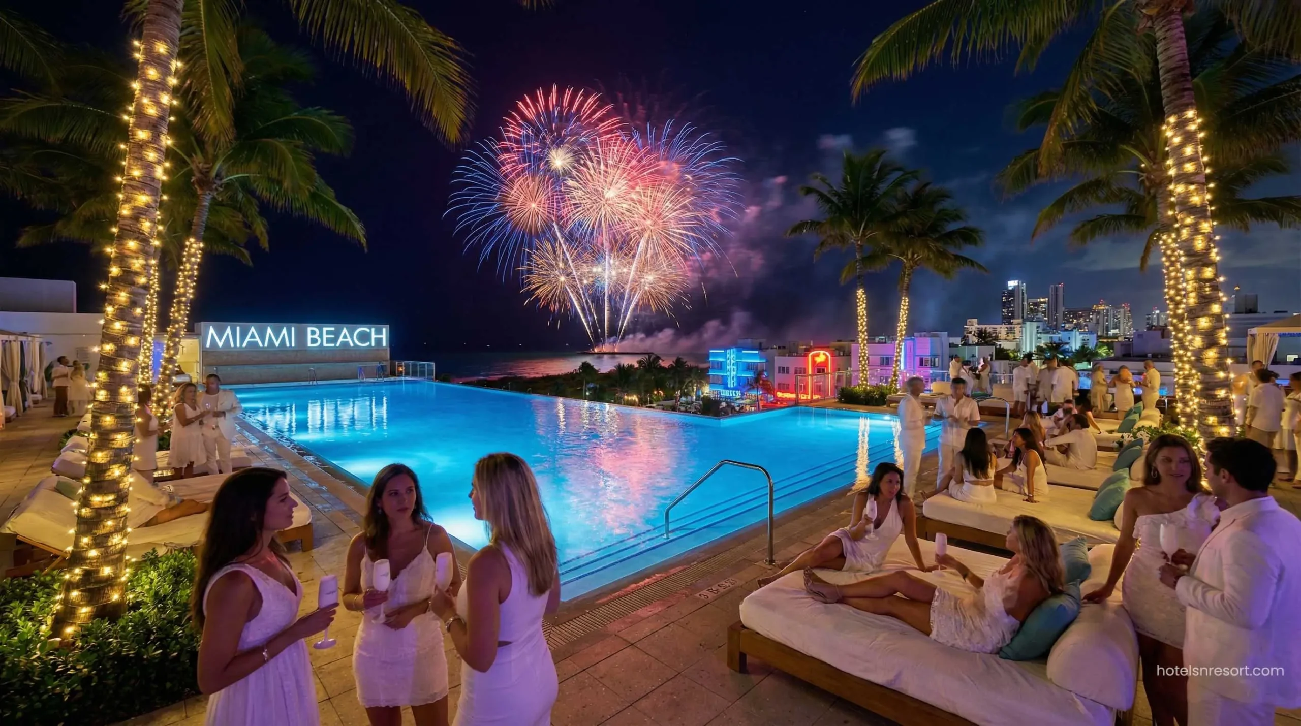 Miami Beach luxury resort pool party with fireworks for New Year's Eve.