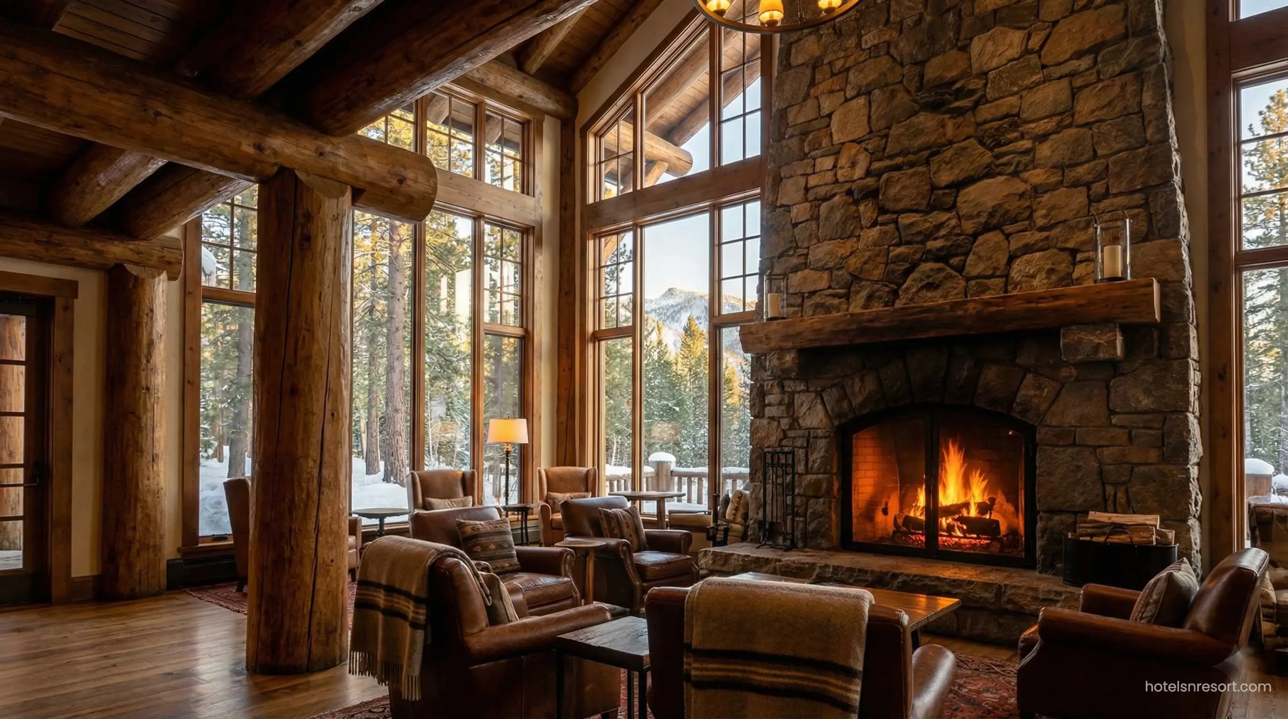 Interior of luxury National Park lodge fireplace.