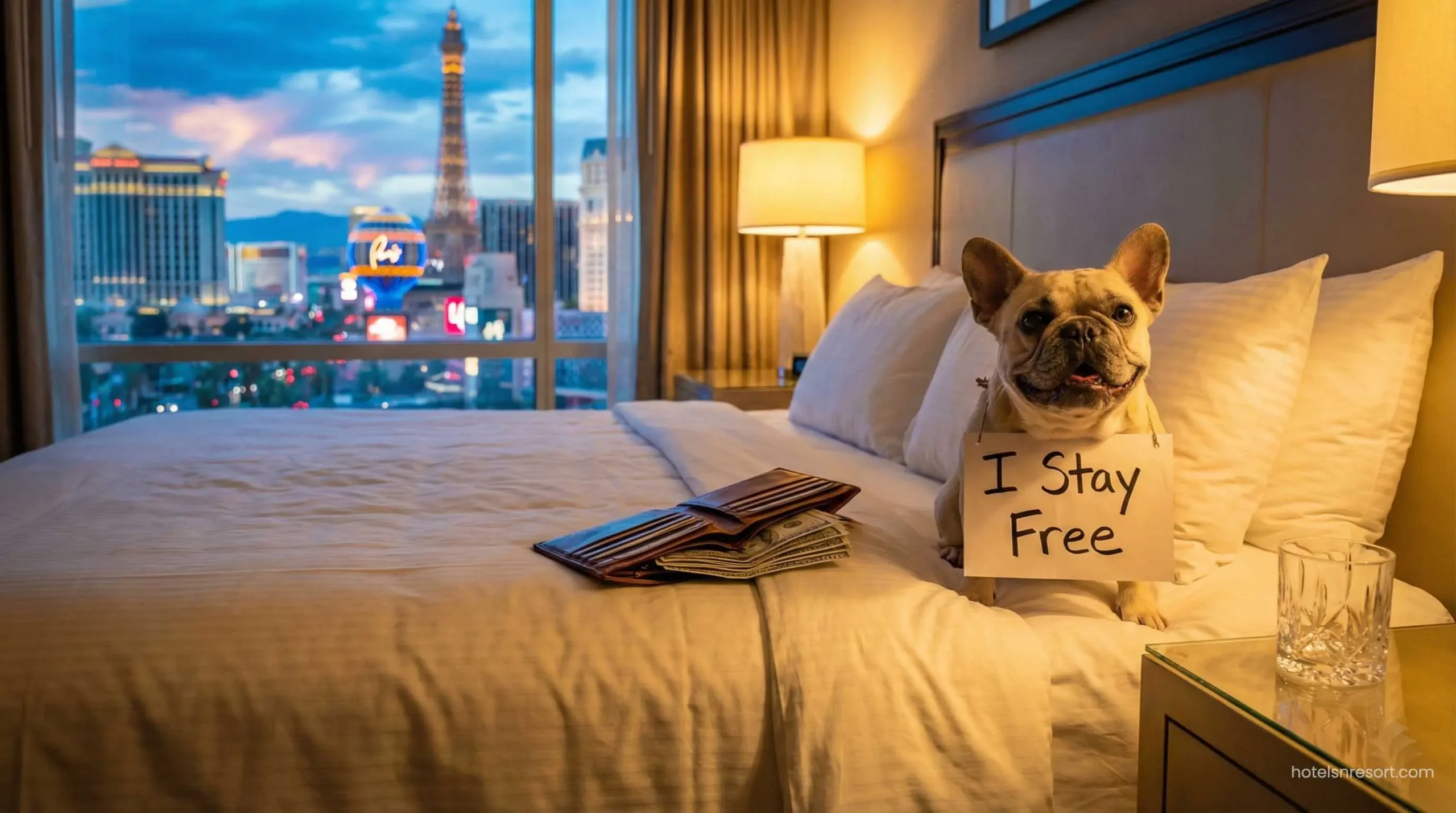 Dog staying for free at a pet-friendly hotel.