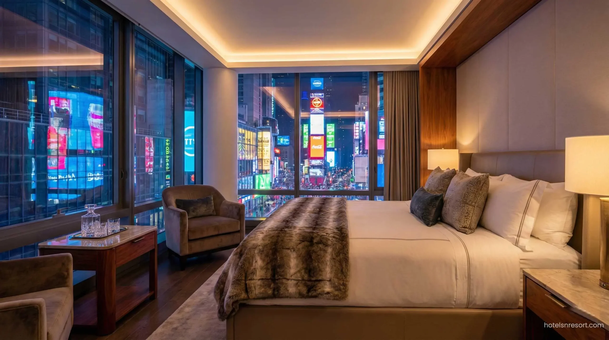 Luxury hotel room with view of Times Square billboards at night.