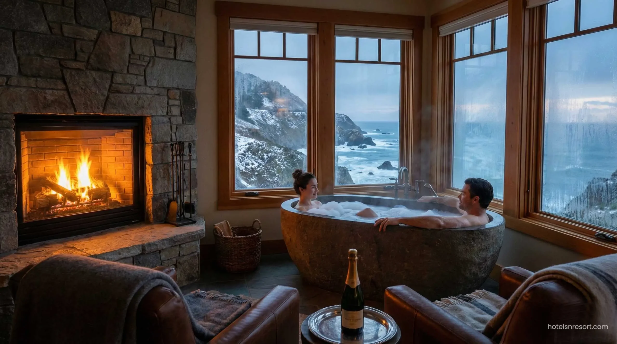Romantic hotel suite with fireplace and ocean view Jacuzzi.