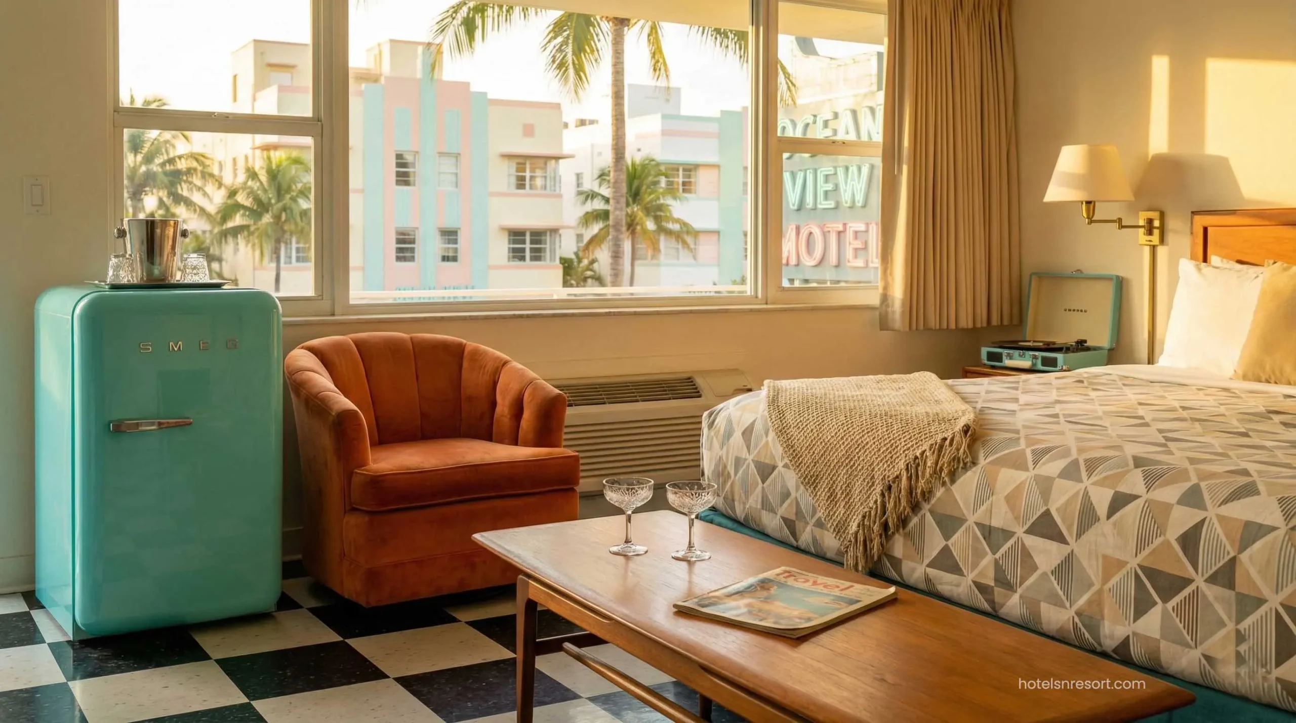 Renovated retro Route 66 motel room interior.
