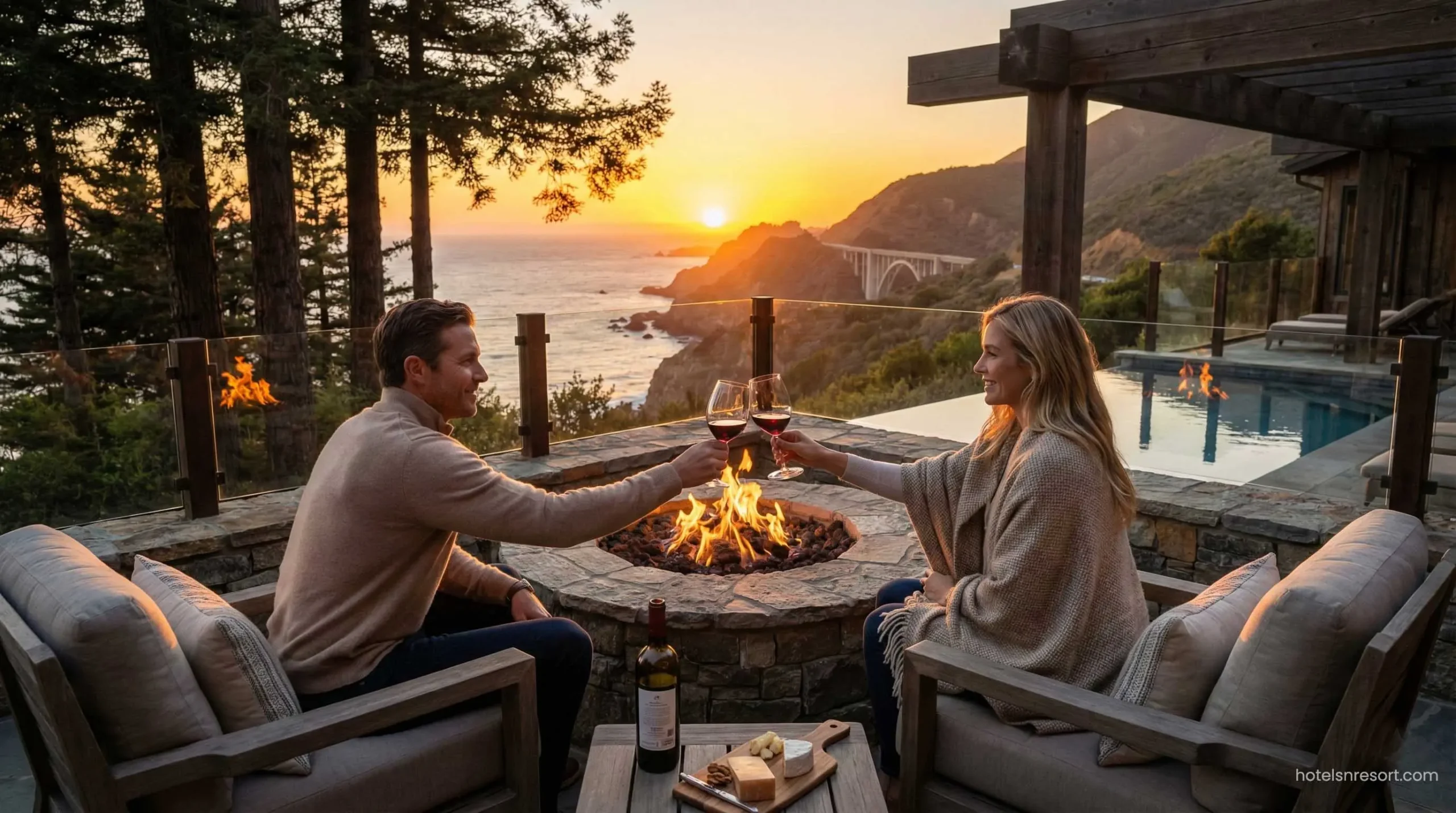 Couple enjoying sunset at a luxury romantic hotel in USA.