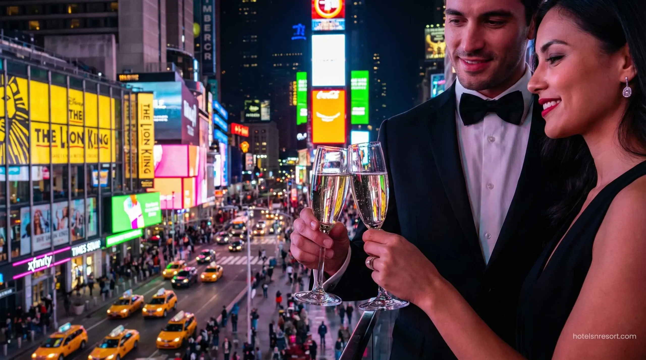 Couple enjoying drinks at hotel rooftop with Times Square view.