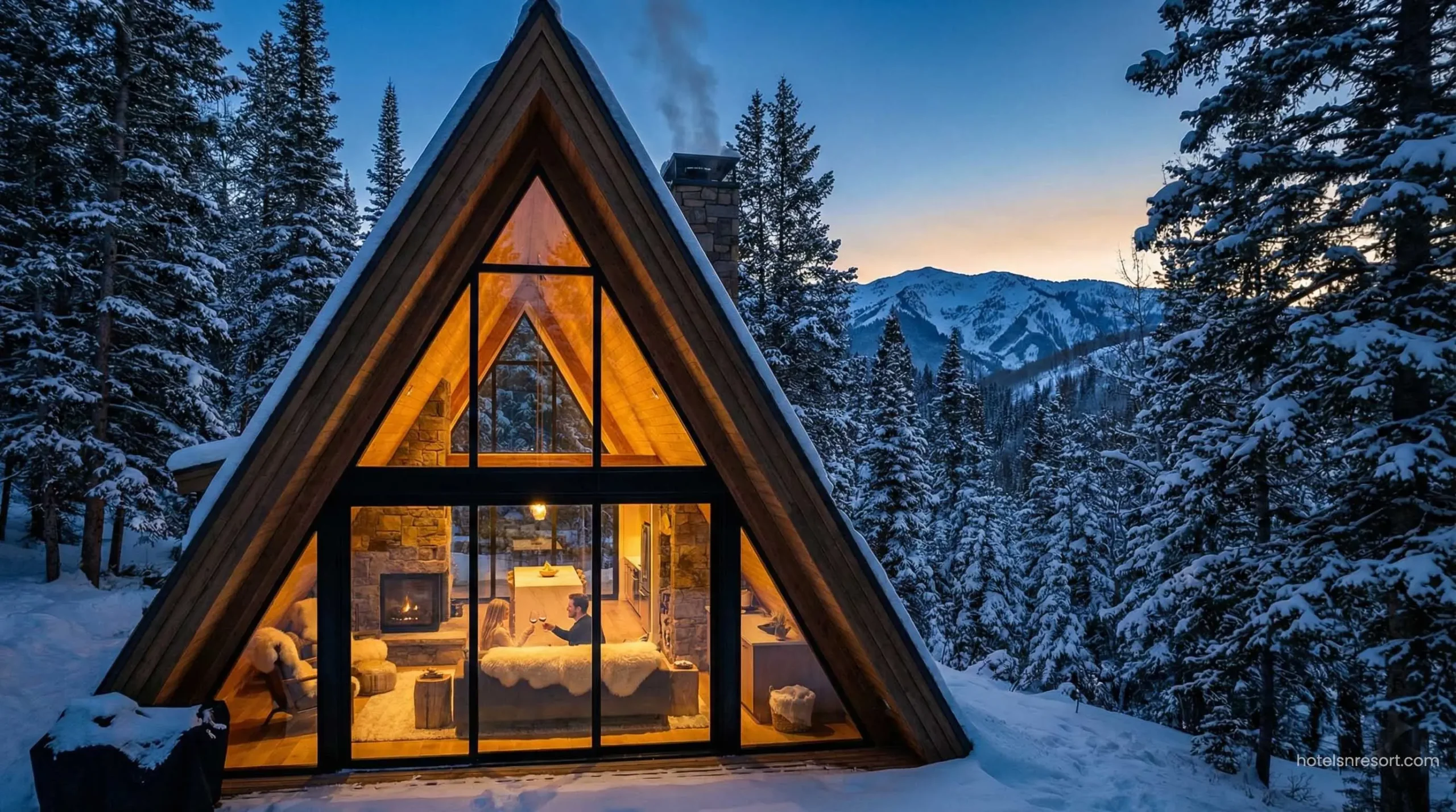 Cozy secluded A-frame cabin in snowy forest for couples.