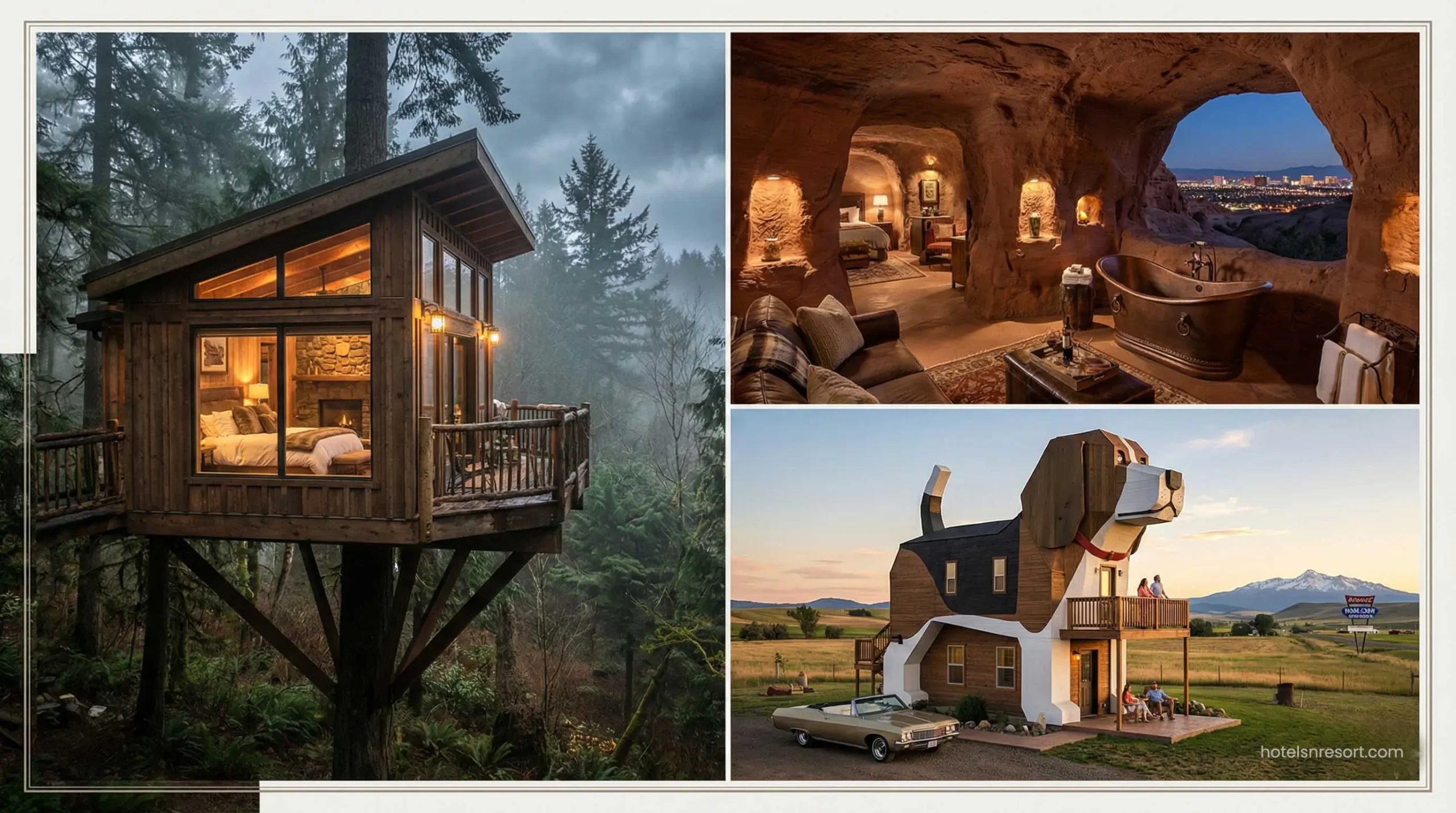 Collage of unique hotels in USA including treehouse and cave.