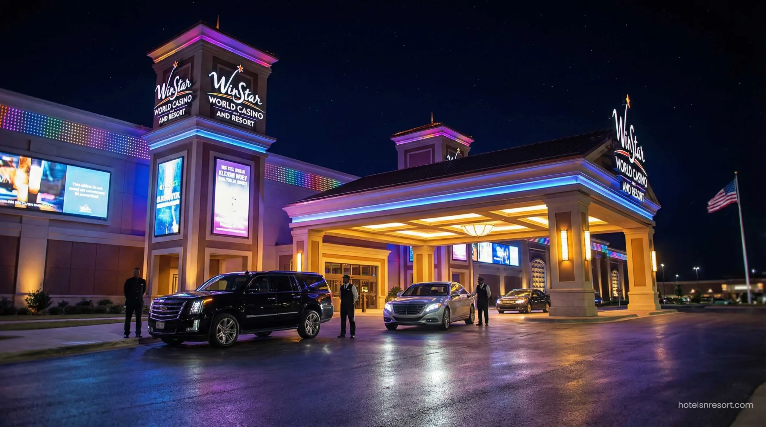 Exterior of WinStar World Casino at night.