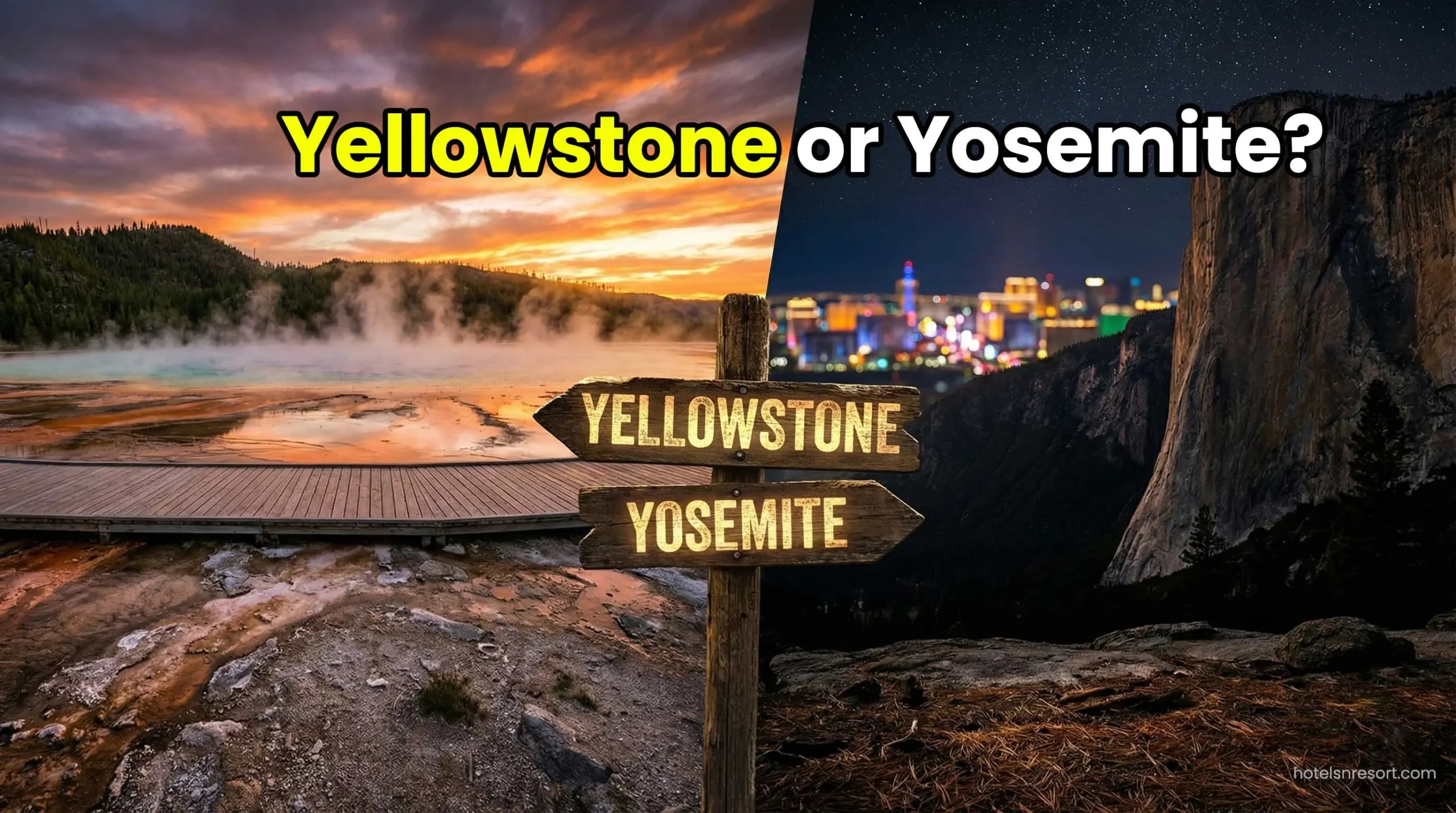 Comparison of Yellowstone vs Yosemite National Park hotels and scenery.