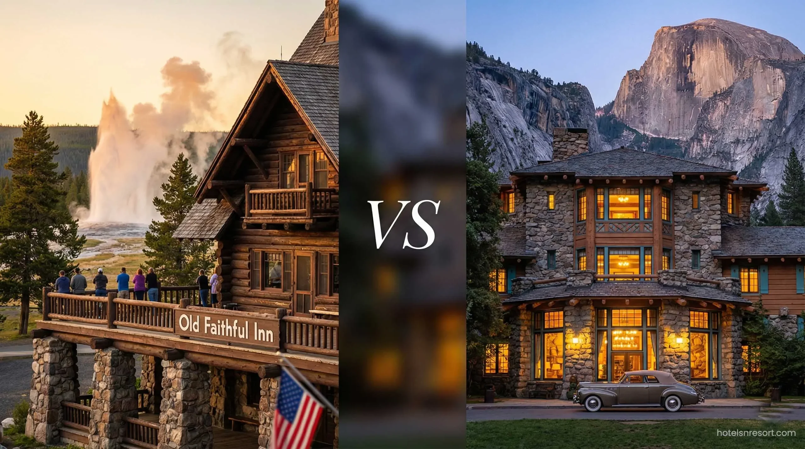 Comparison of Yellowstone Old Faithful Inn vs Yosemite Ahwahnee Hotel.