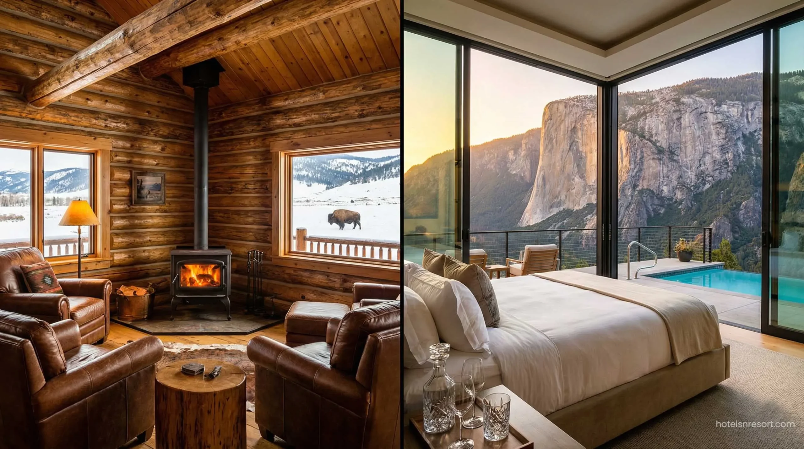 Yellowstone cabin vs Yosemite luxury room interior.
